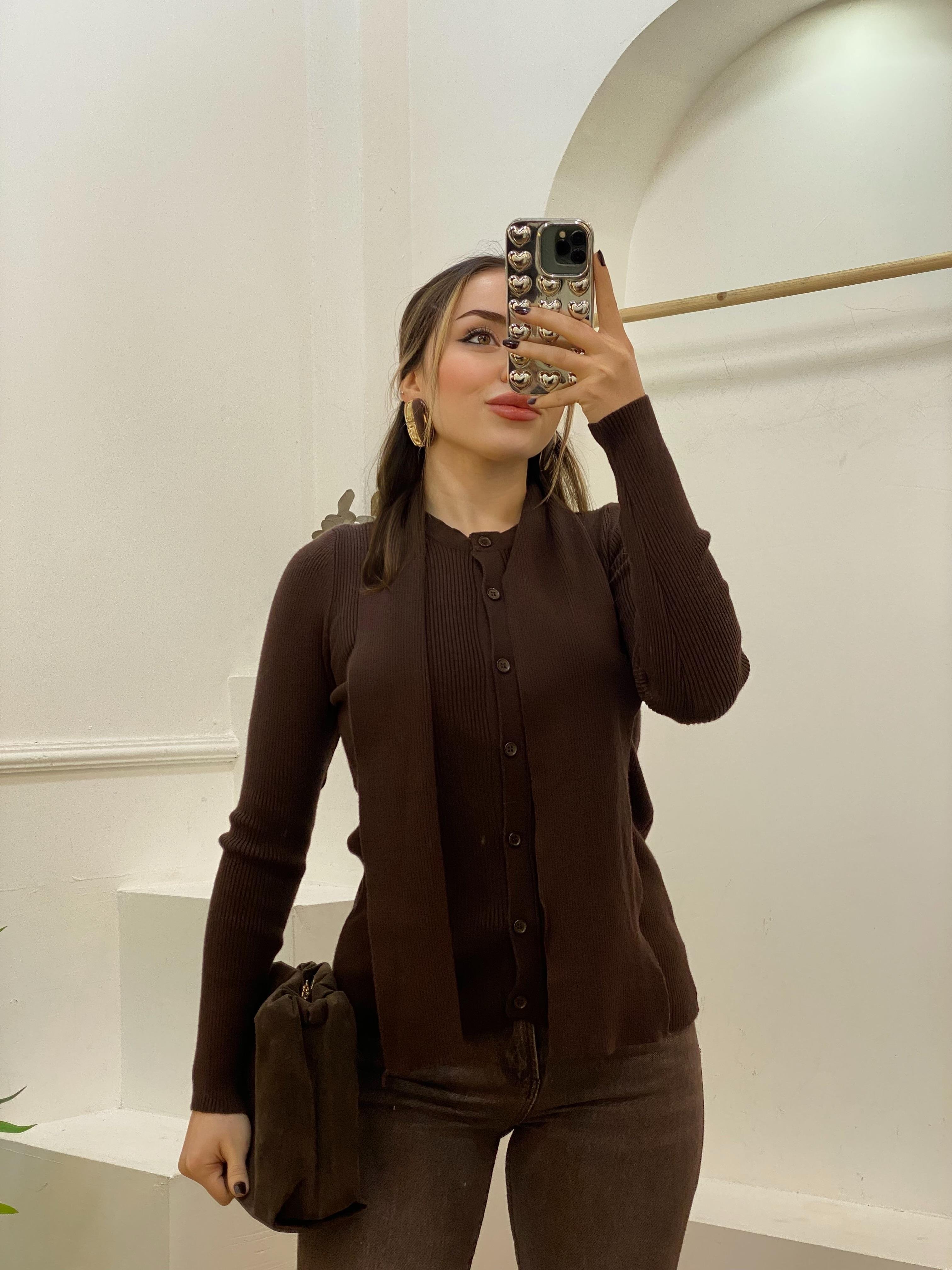 Kahve Atkı Detaylı Premium Elit Triko Hırka 