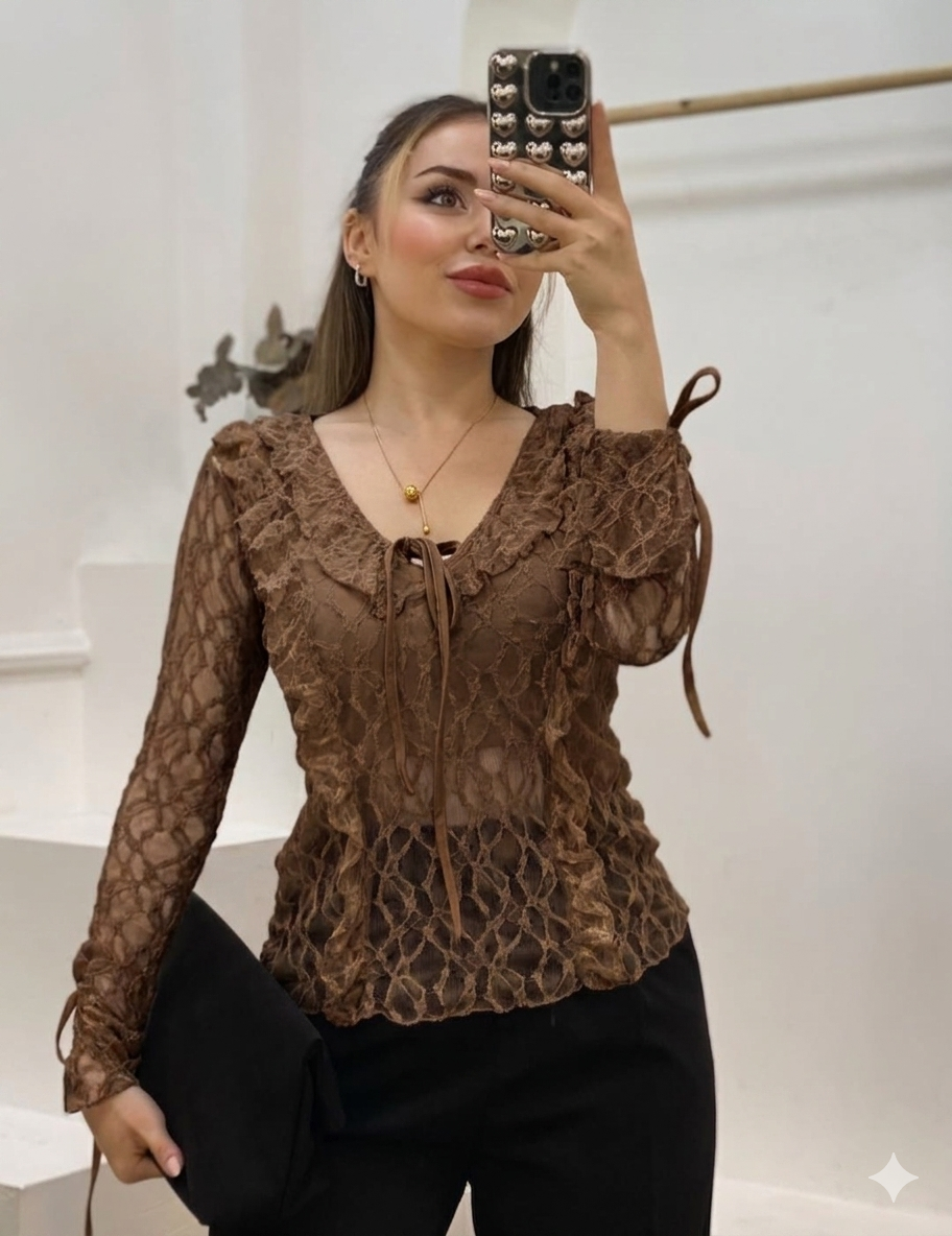 Kahve Bağlama Detaylı Dantel Bluz