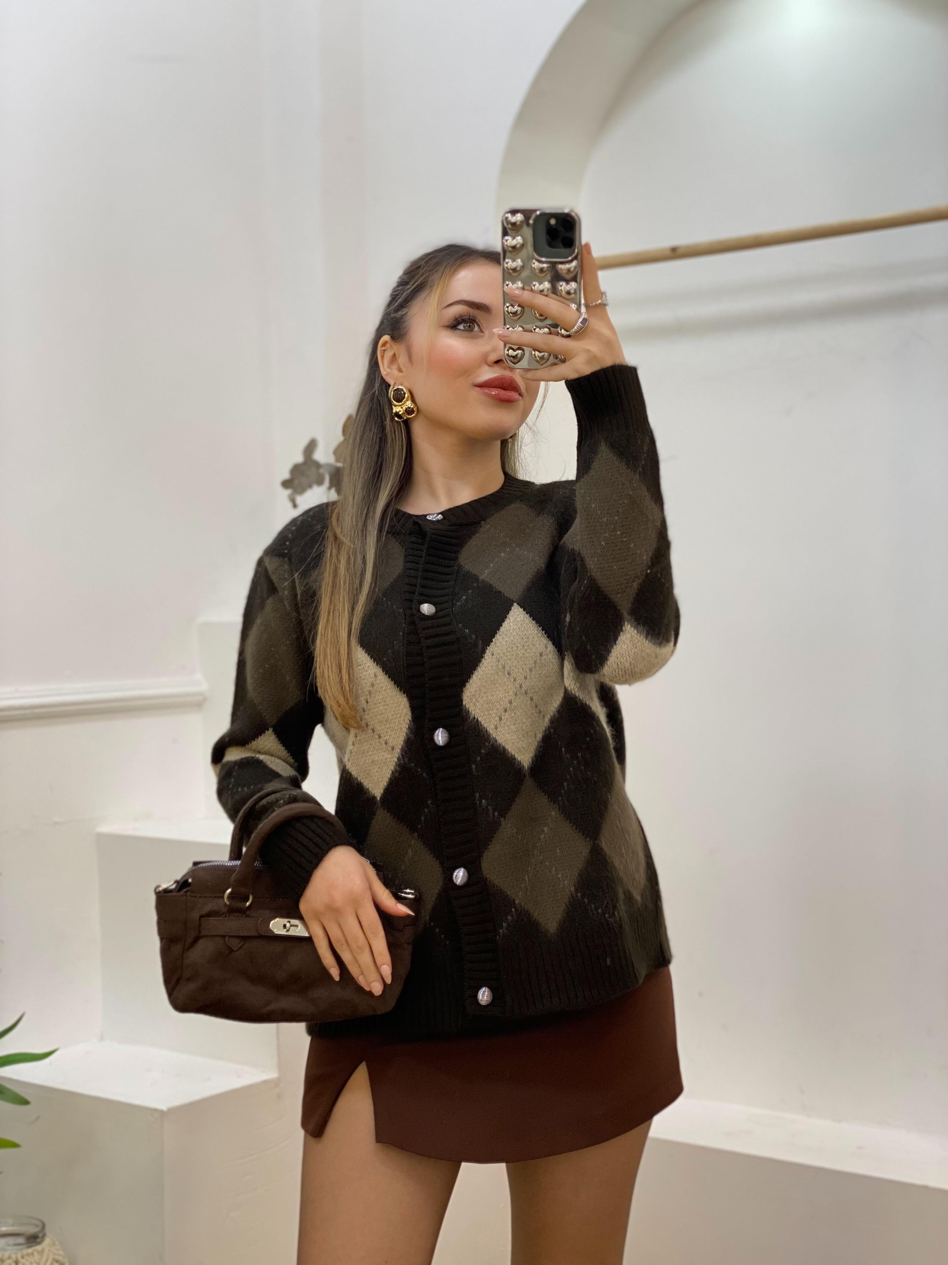 Kahve Baklava Desen Triko Hırka 