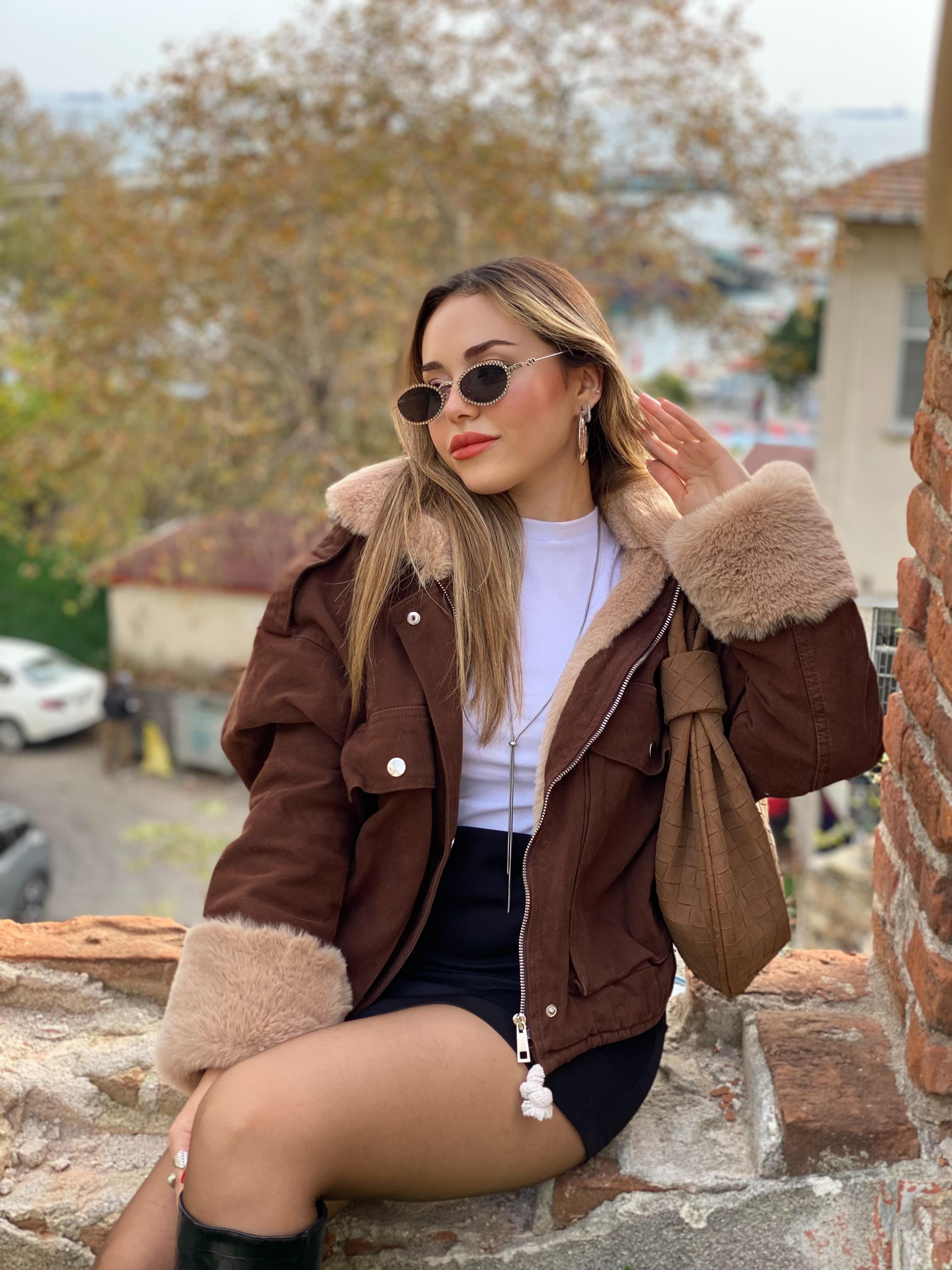 Kahve Bej İçi Full Kürklü Kot Mont