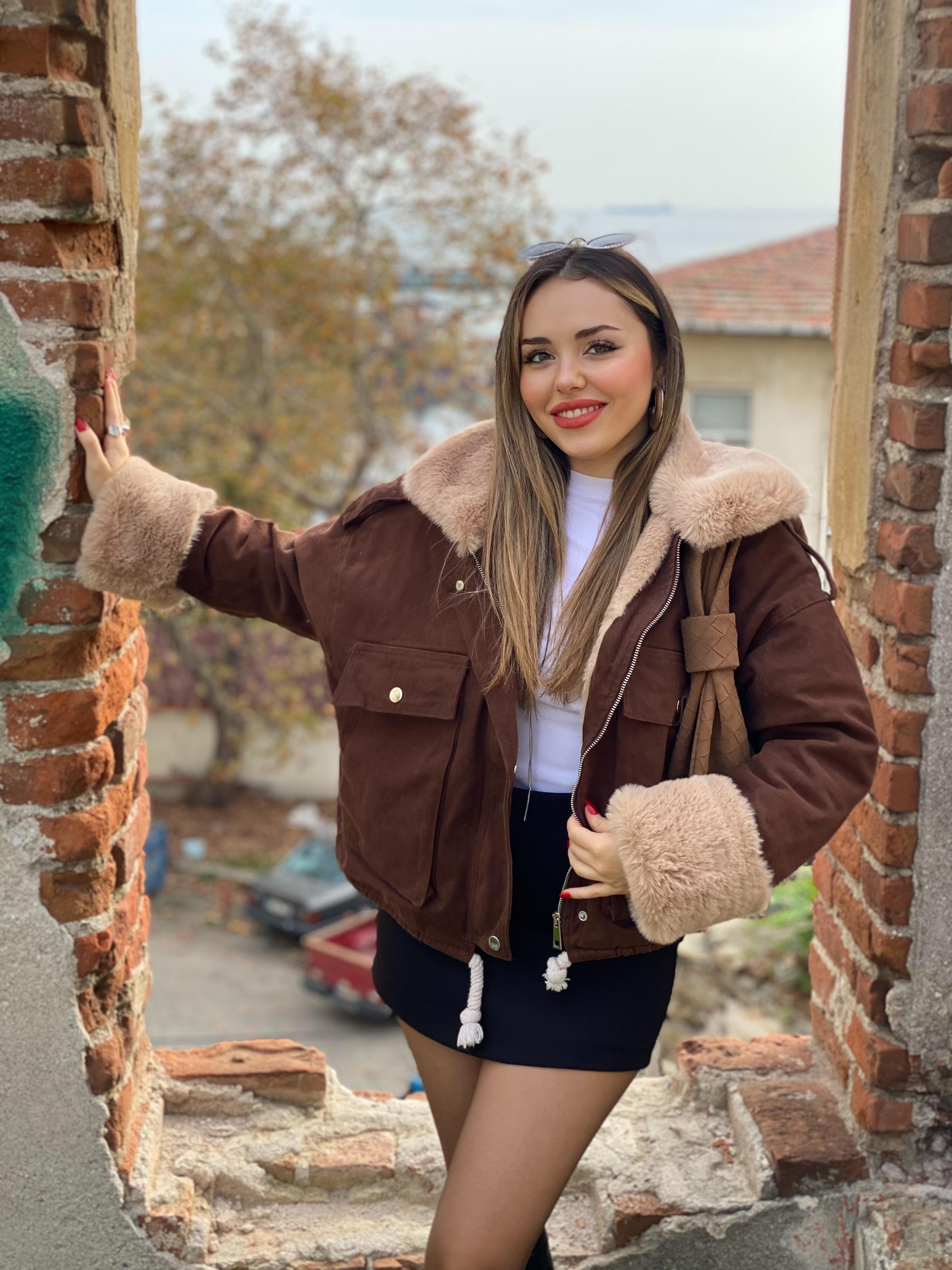 Kahve Bej İçi Full Kürklü Kot Mont
