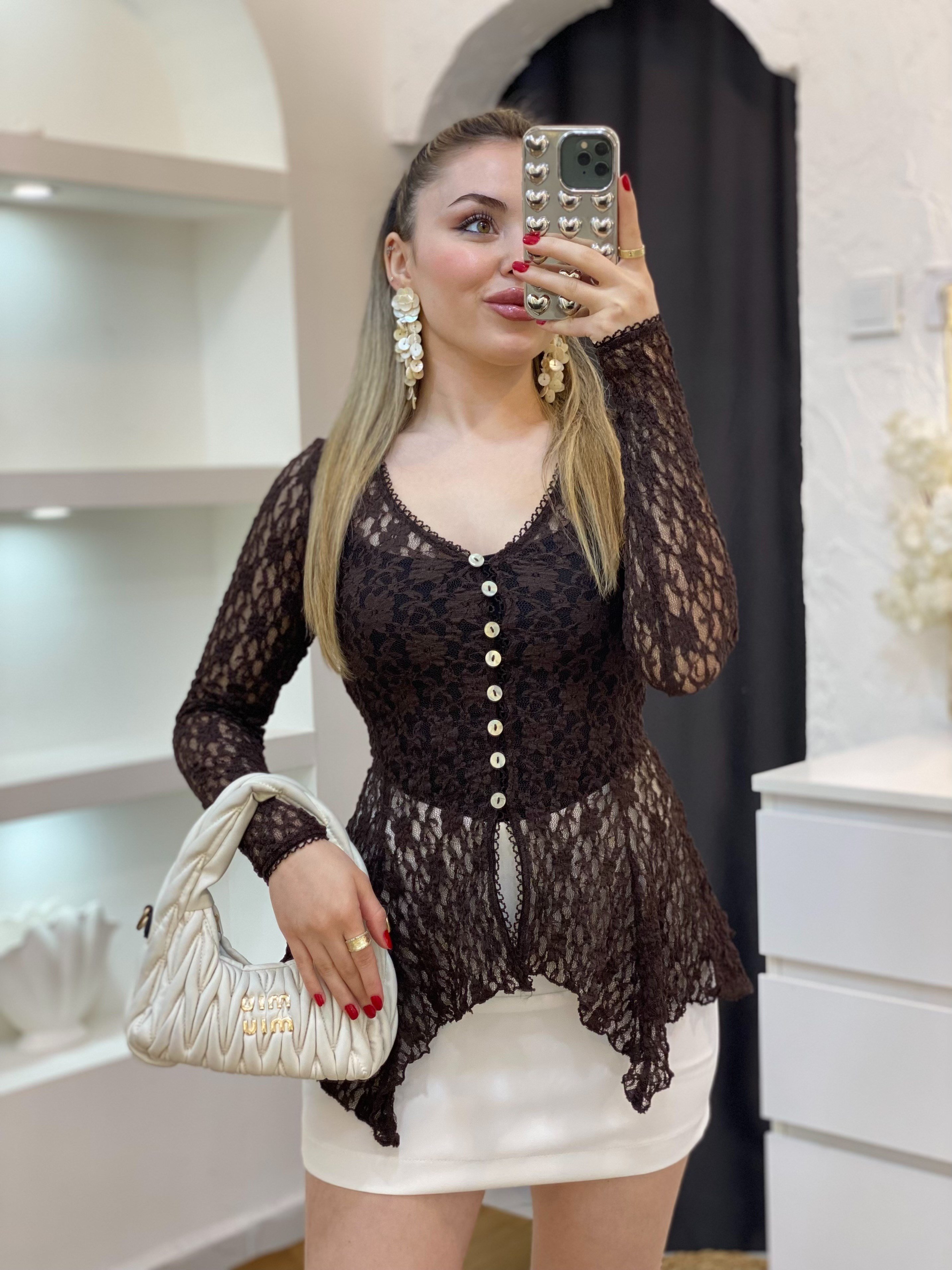 Kahve Bel Oturtmalı Model Volanlı Dantel Bluz