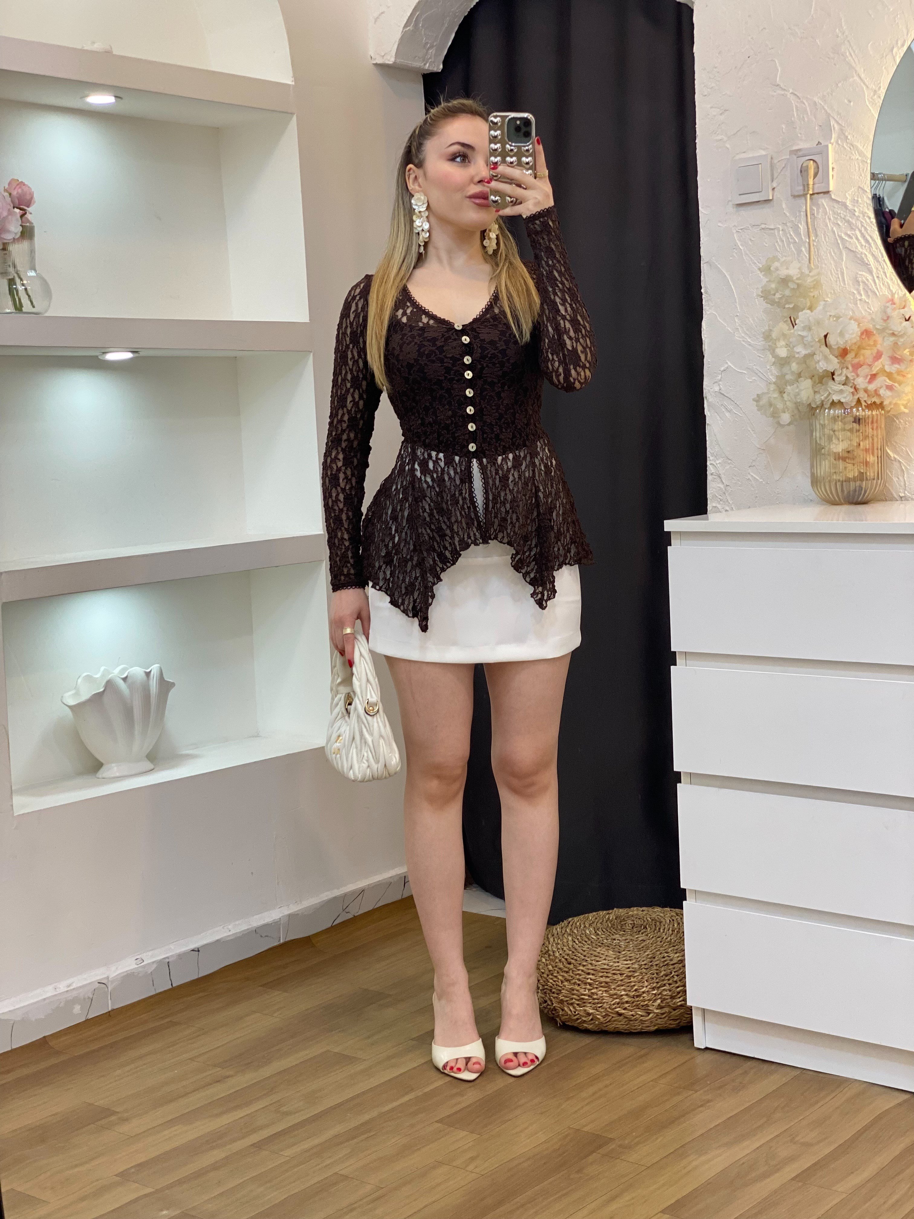 Kahve Bel Oturtmalı Model Volanlı Dantel Bluz