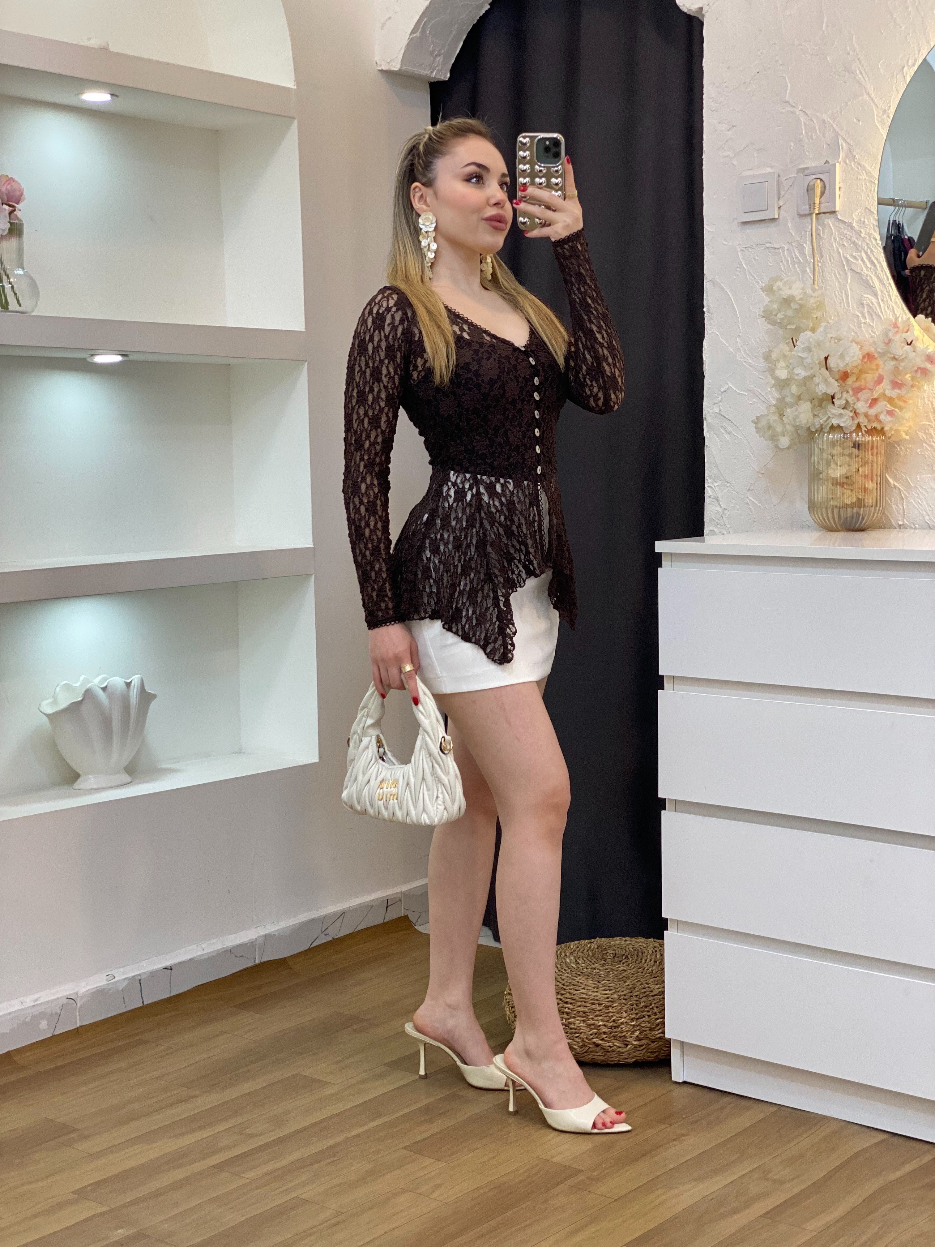 Kahve Bel Oturtmalı Model Volanlı Dantel Bluz