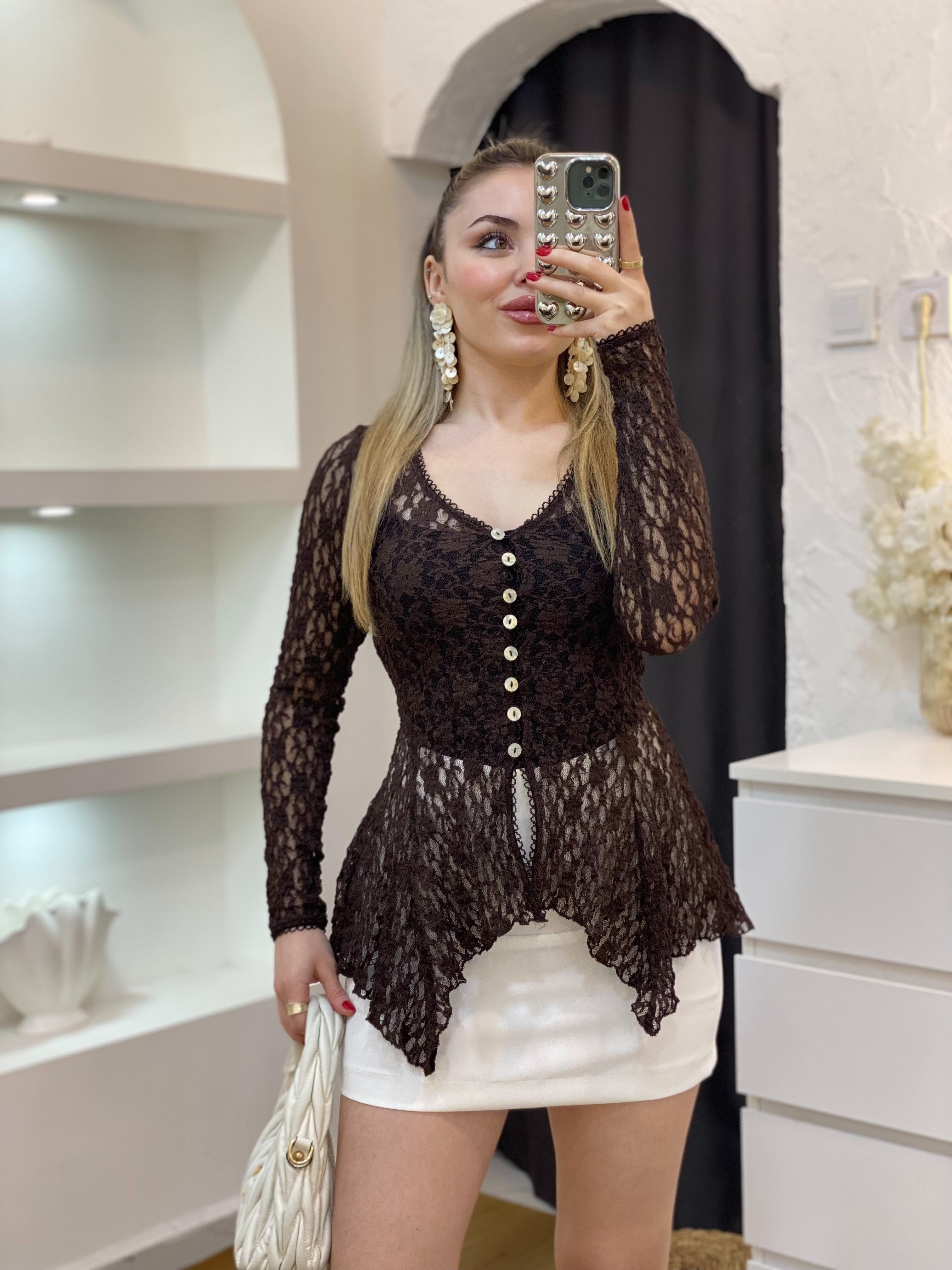 Kahve Bel Oturtmalı Model Volanlı Dantel Bluz