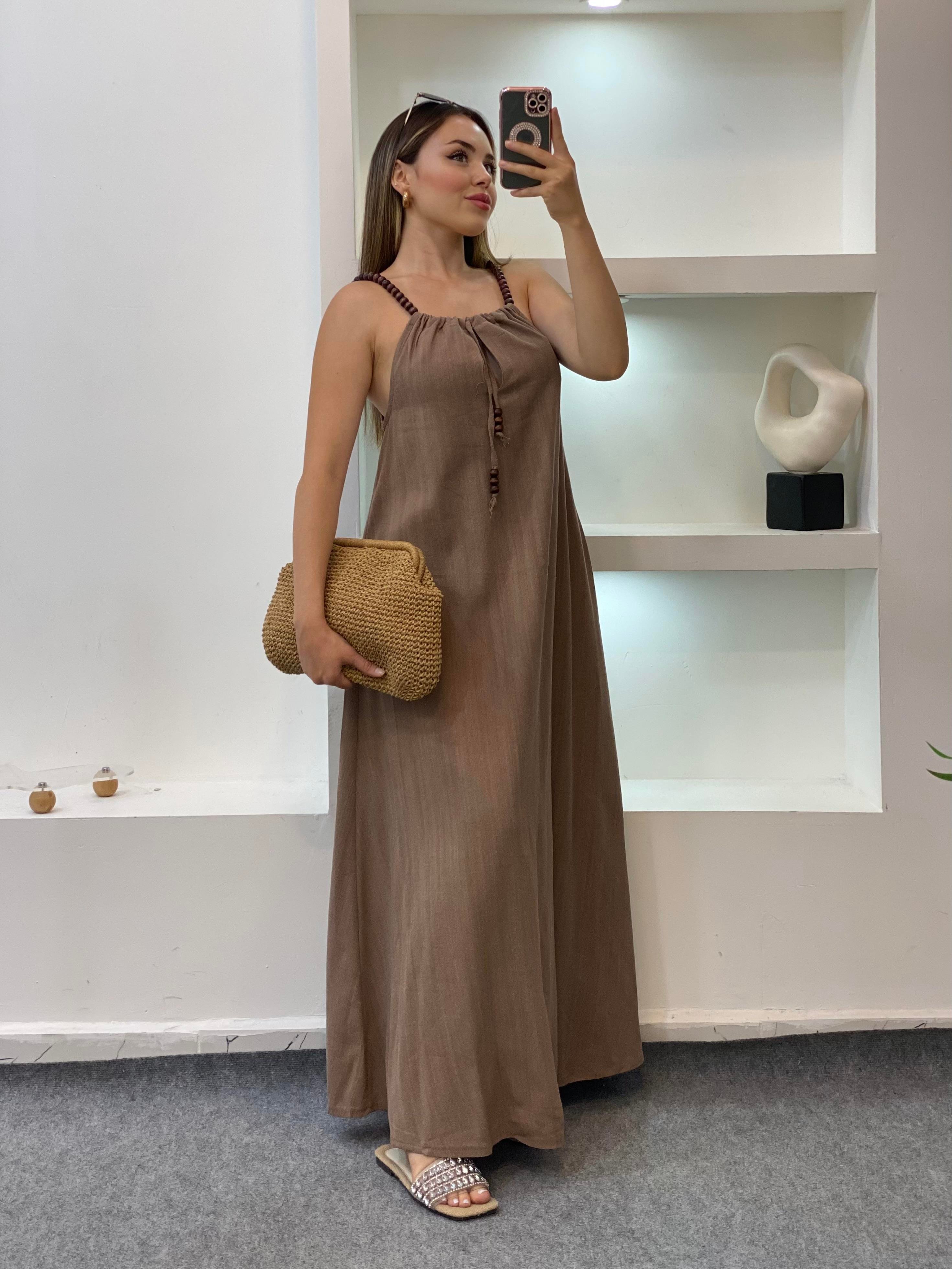 Kahve Boncuk Askılı Keten Elbise 