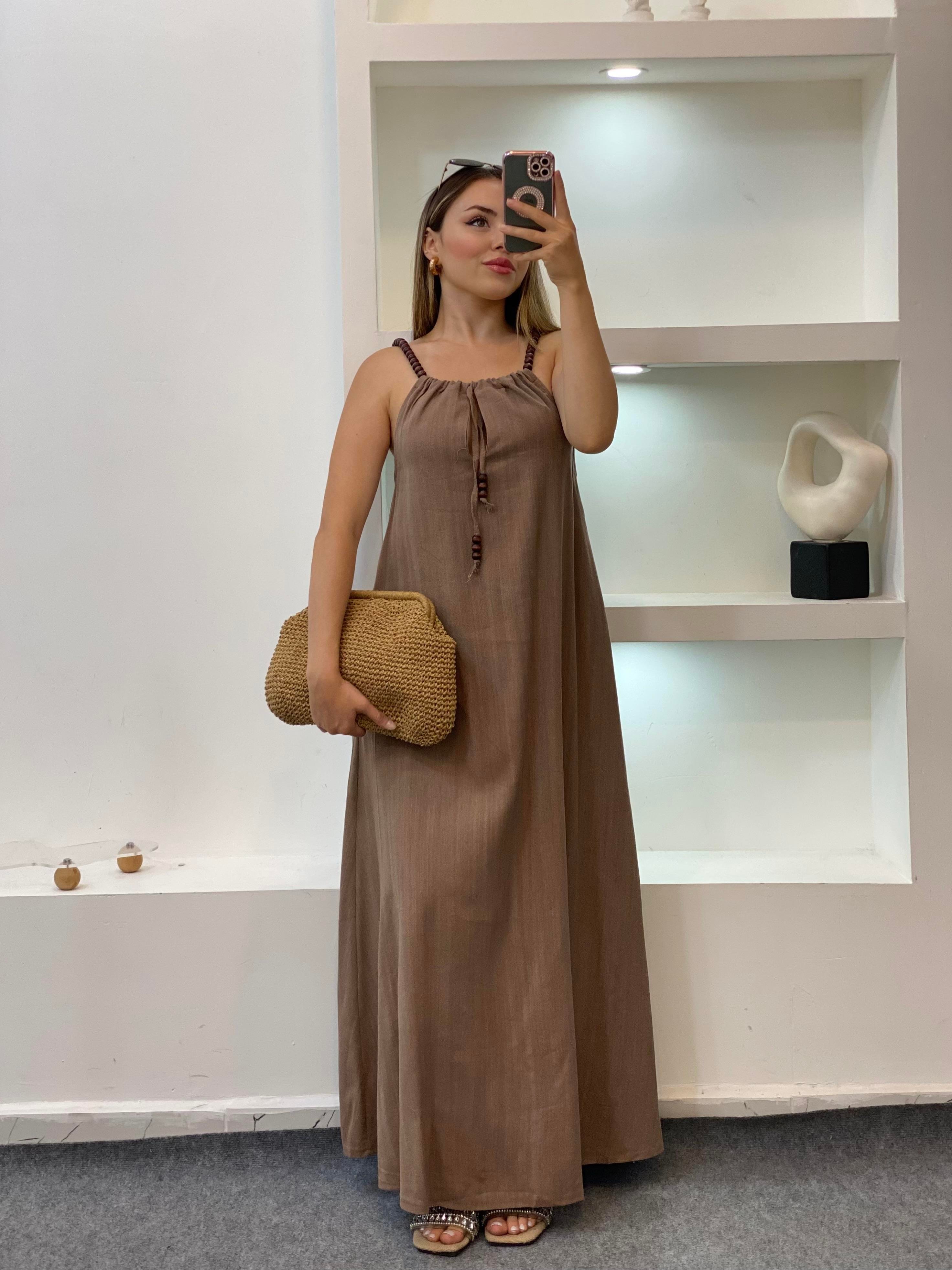 Kahve Boncuk Askılı Keten Elbise 