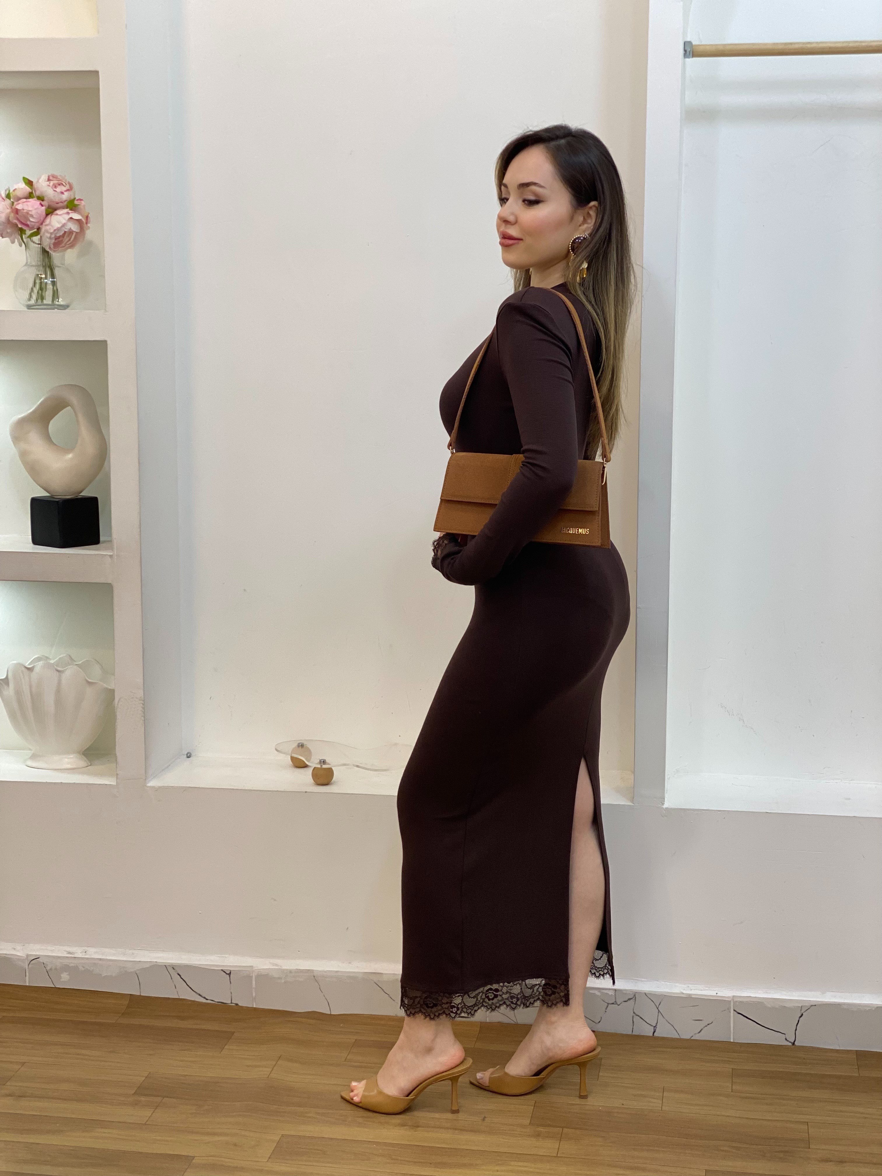 Kahve Dantel Detaylı Elbise
