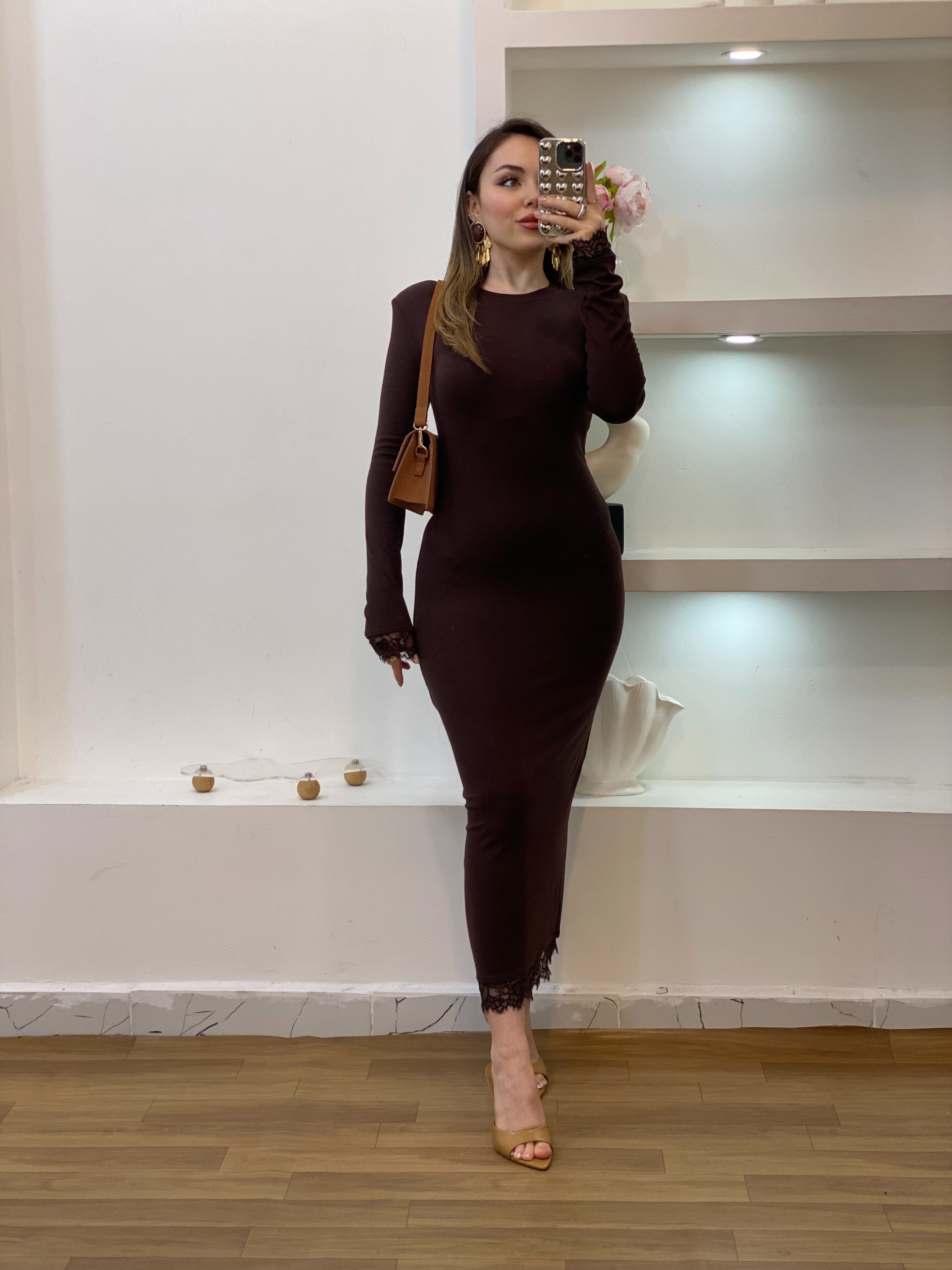 Kahve Dantel Detaylı Elbise