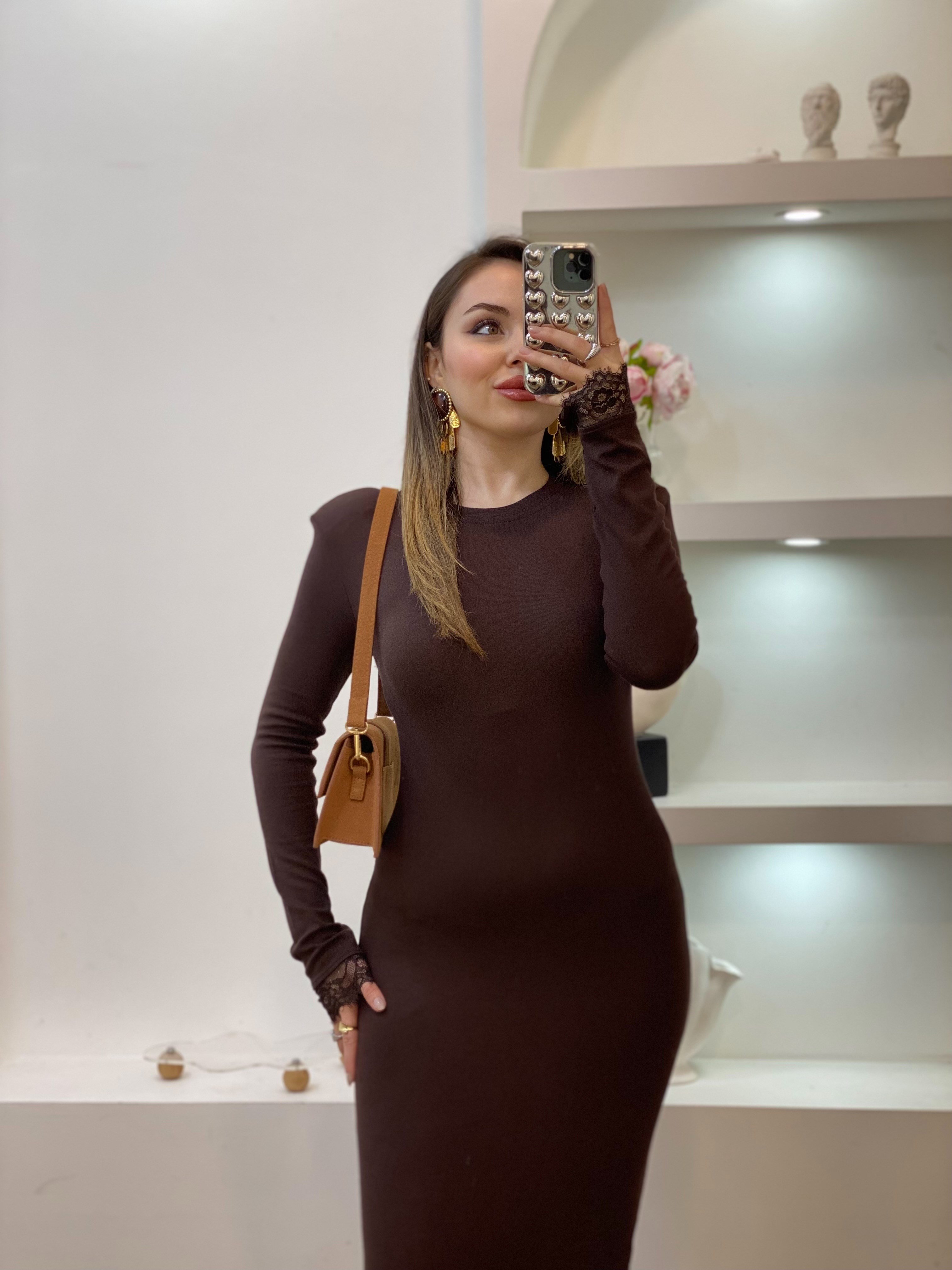 Kahve Dantel Detaylı Elbise