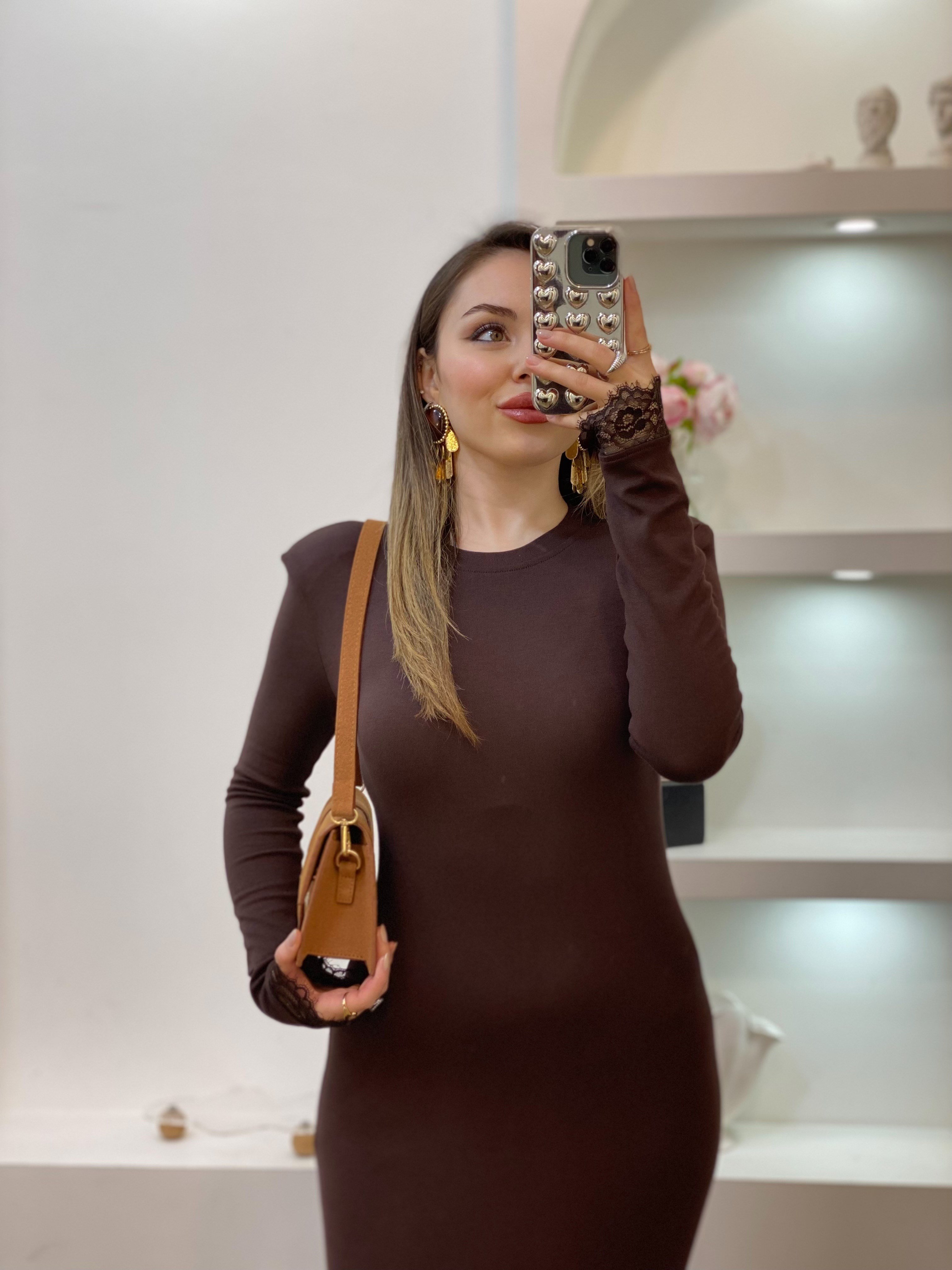 Kahve Dantel Detaylı Elbise