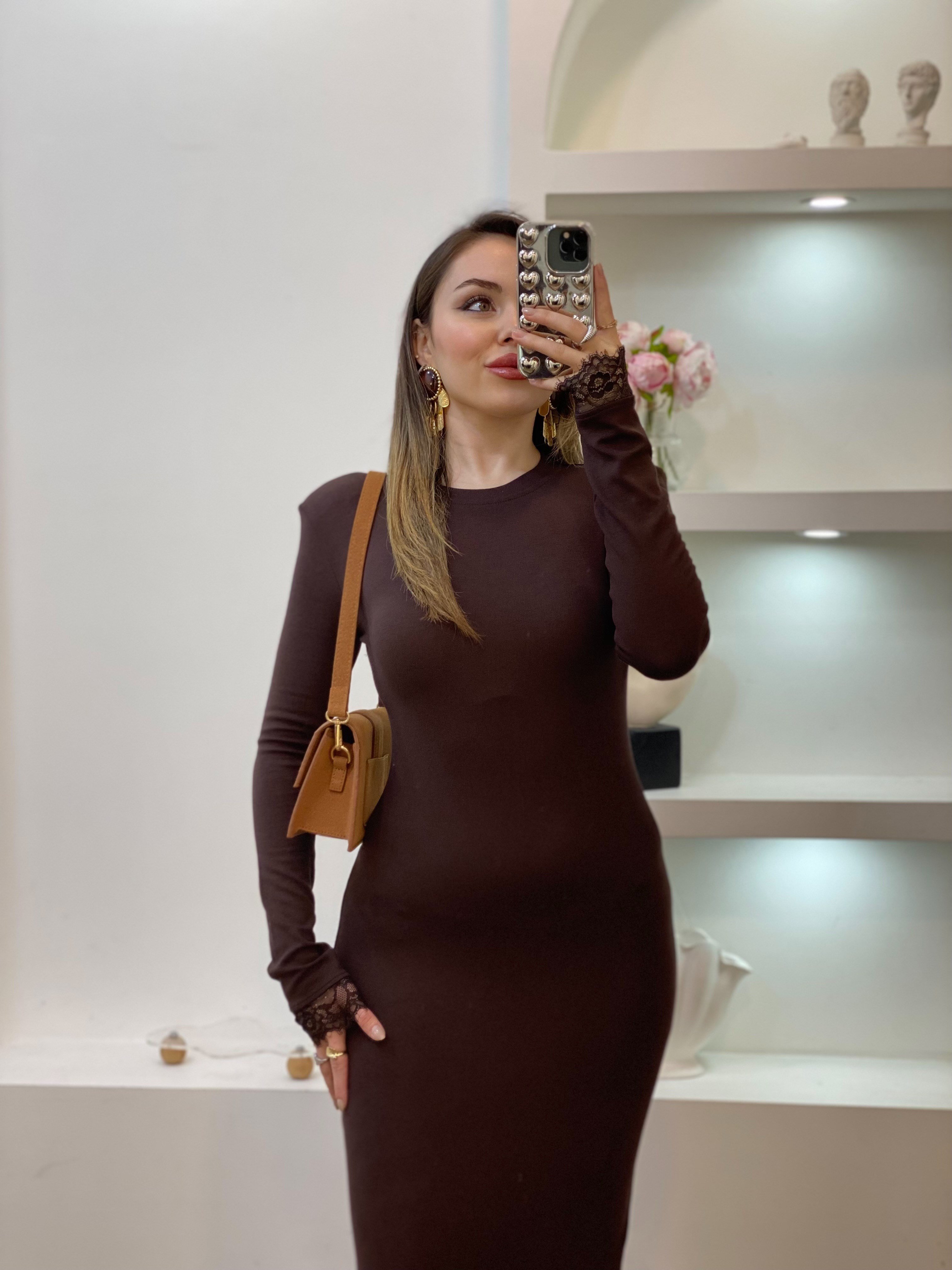 Kahve Dantel Detaylı Elbise