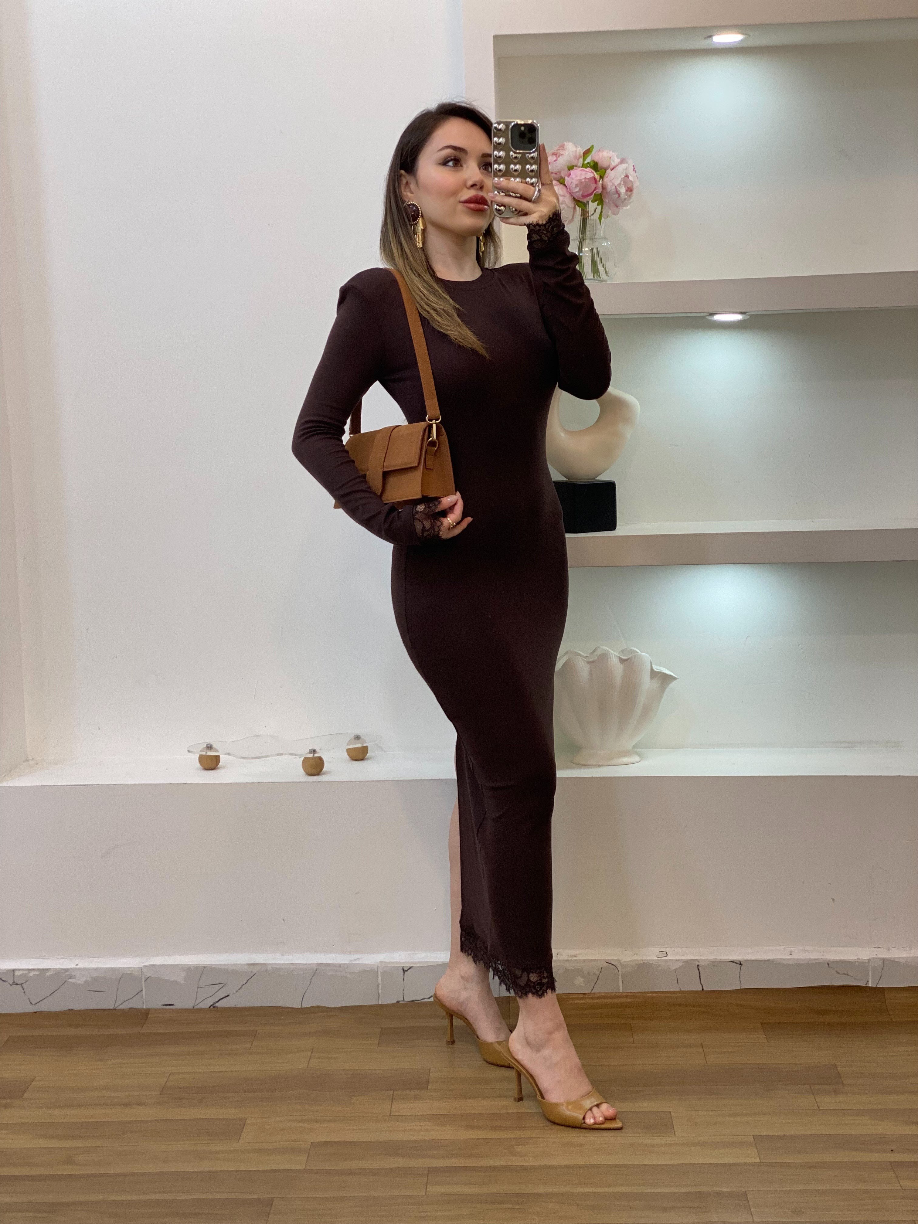 Kahve Dantel Detaylı Elbise