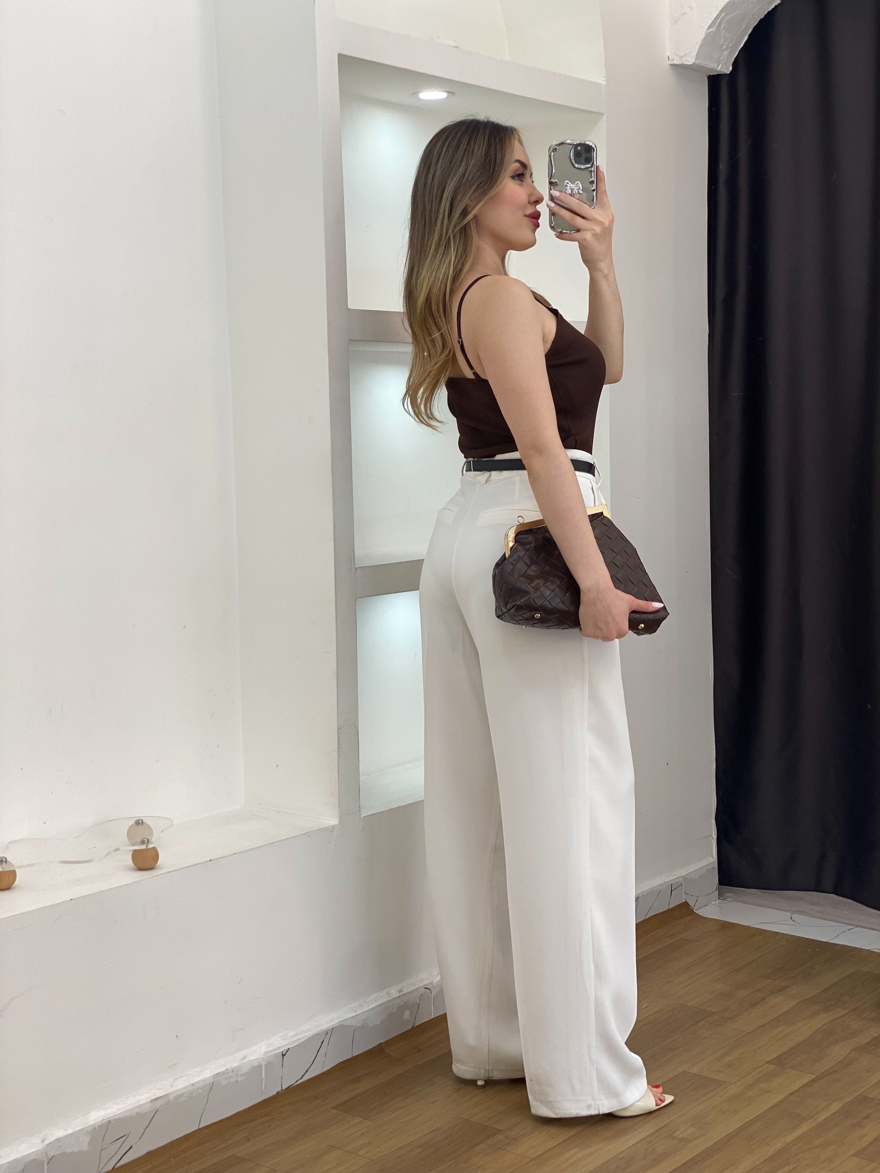 Kahve Dantel Yaka Ayarlanabilir Askılı Triko Bluz