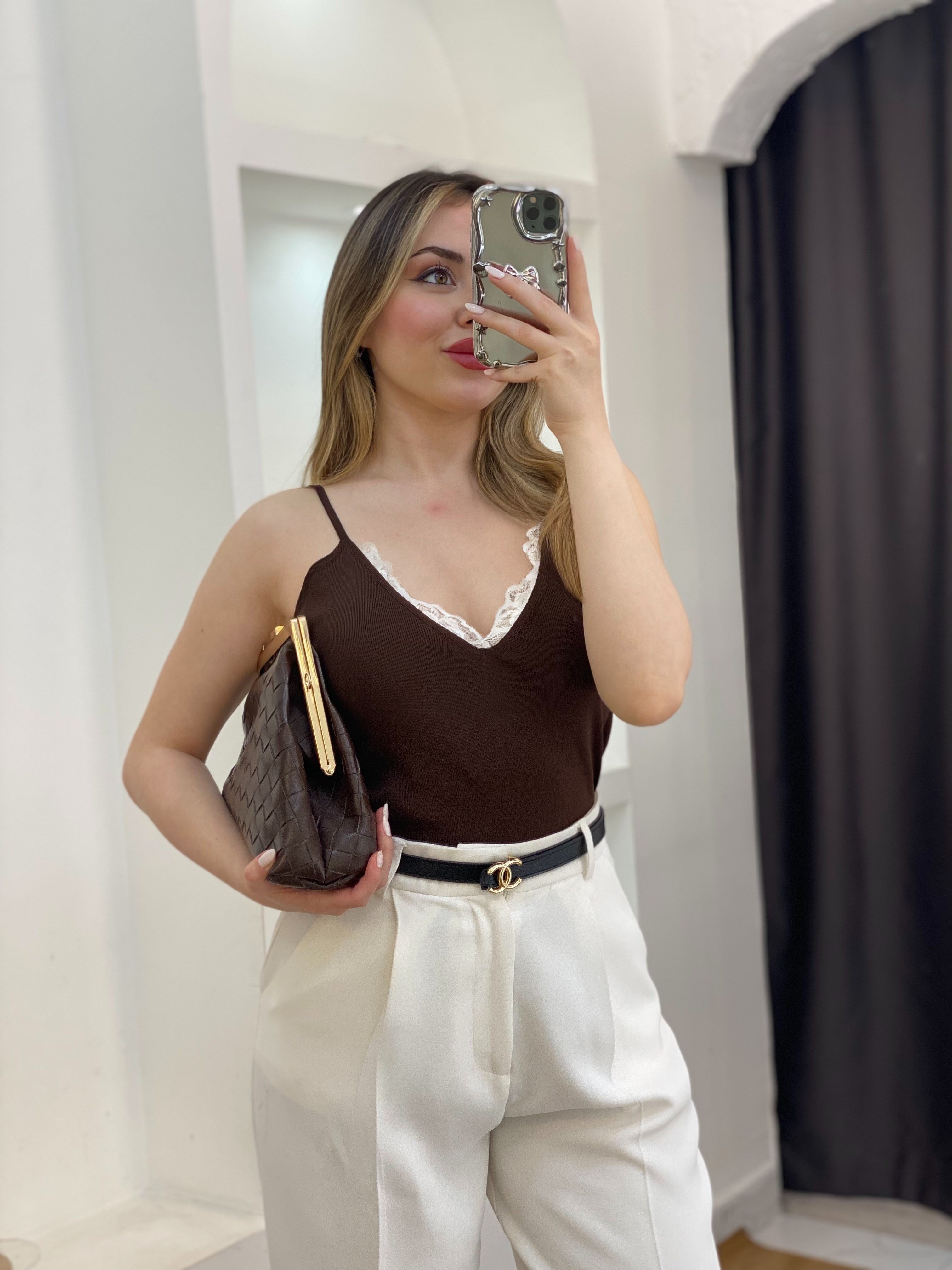 Kahve Dantel Yaka Ayarlanabilir Askılı Triko Bluz