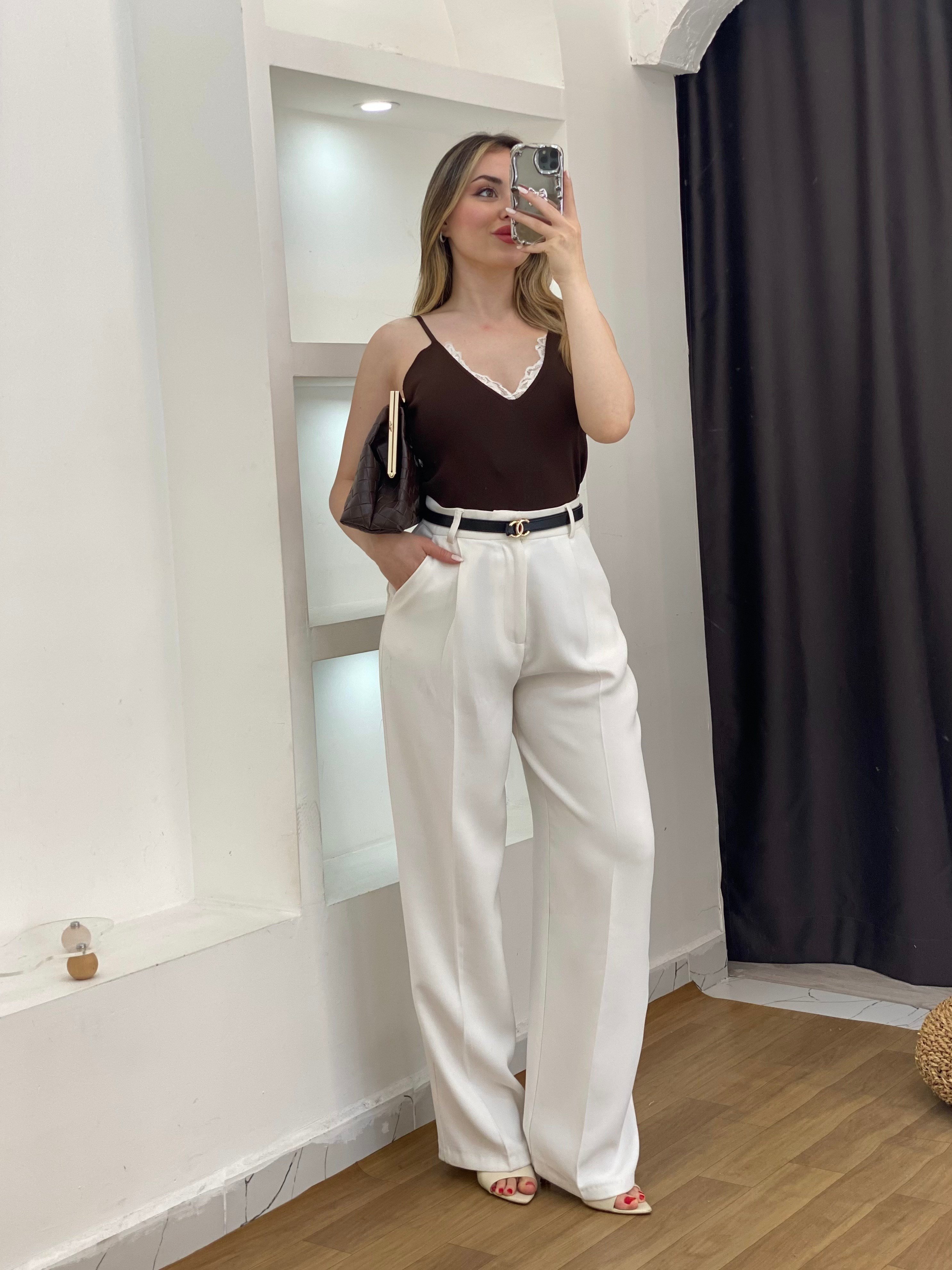 Kahve Dantel Yaka Ayarlanabilir Askılı Triko Bluz