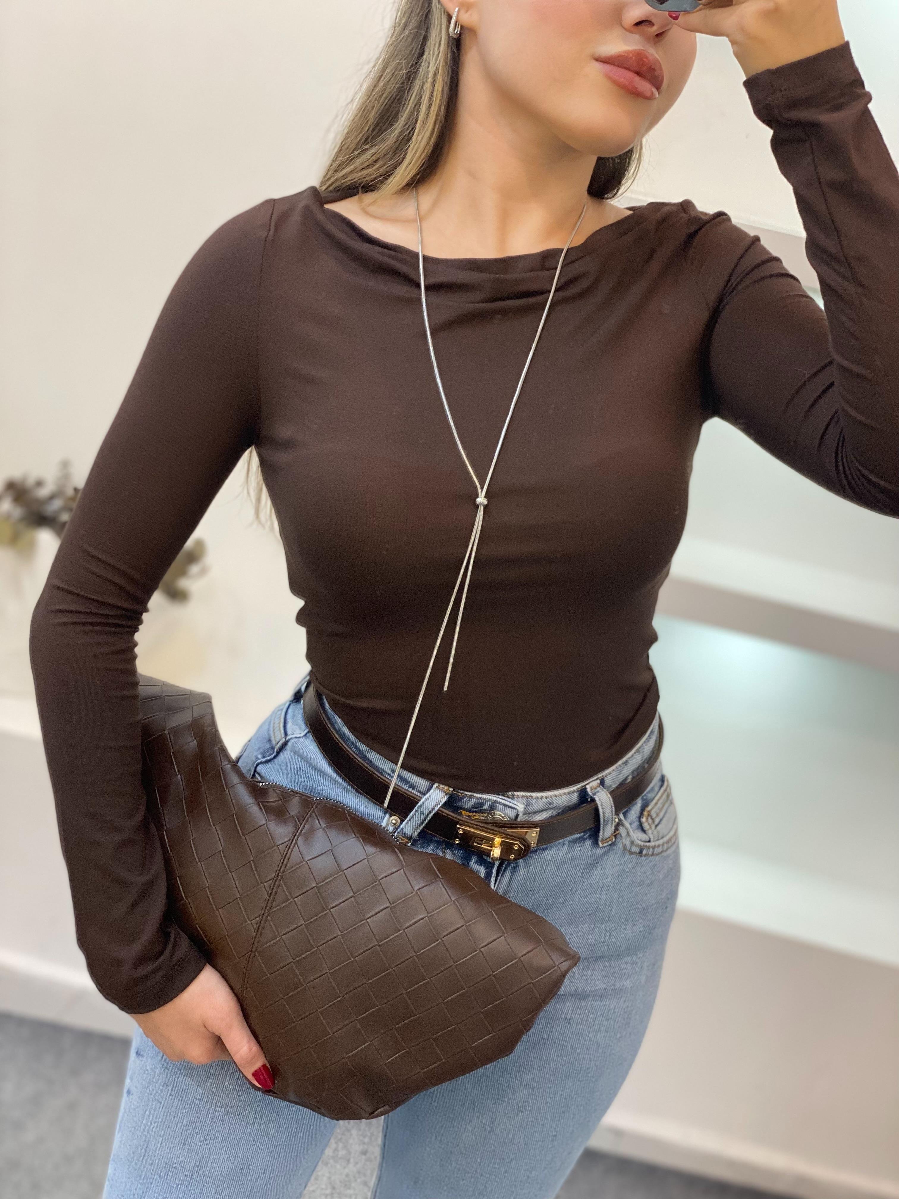 Kahve Degaje Yaka Basic Bluz