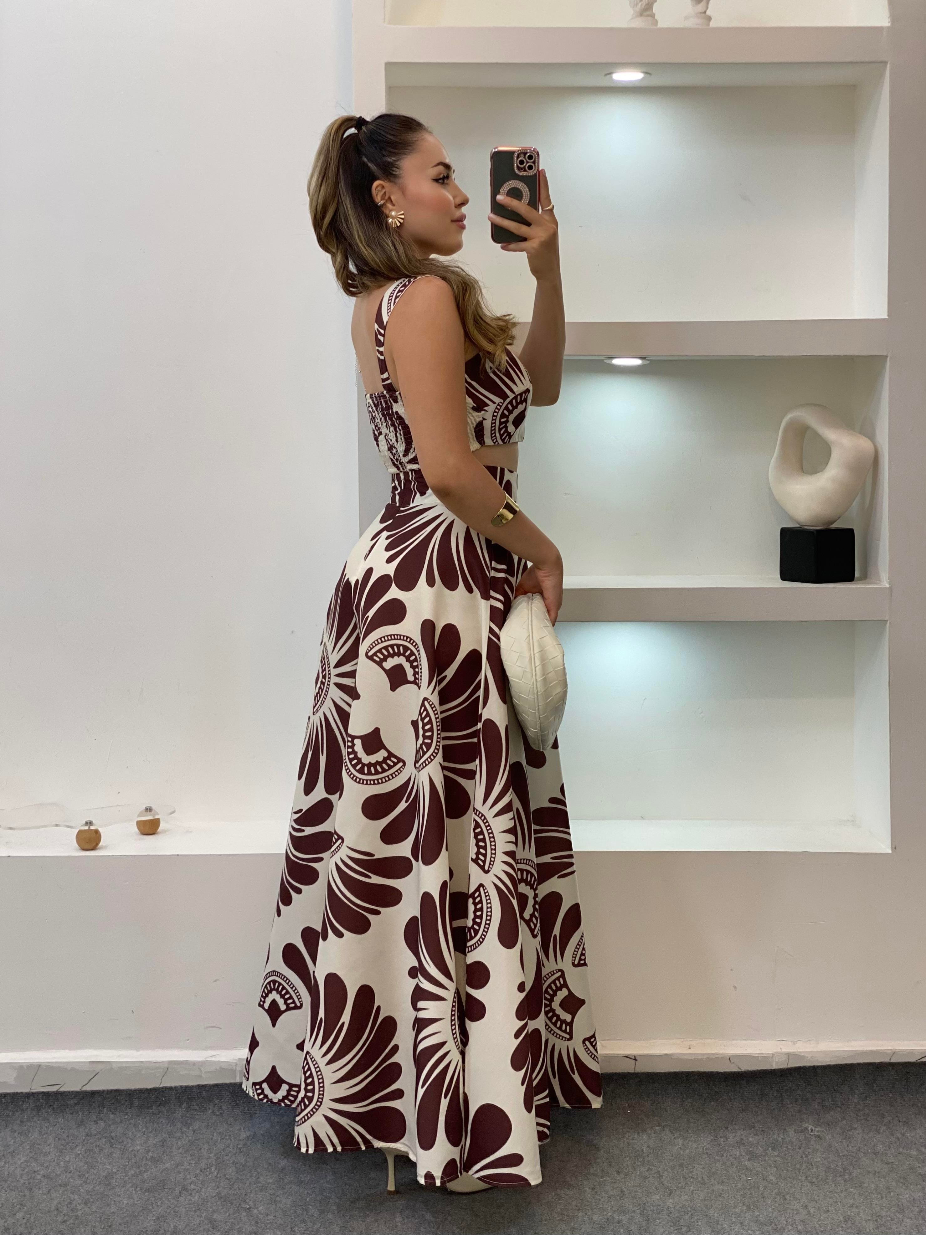 Kahve Desenli Premium Kalite Crop Bluz Etek Takım
