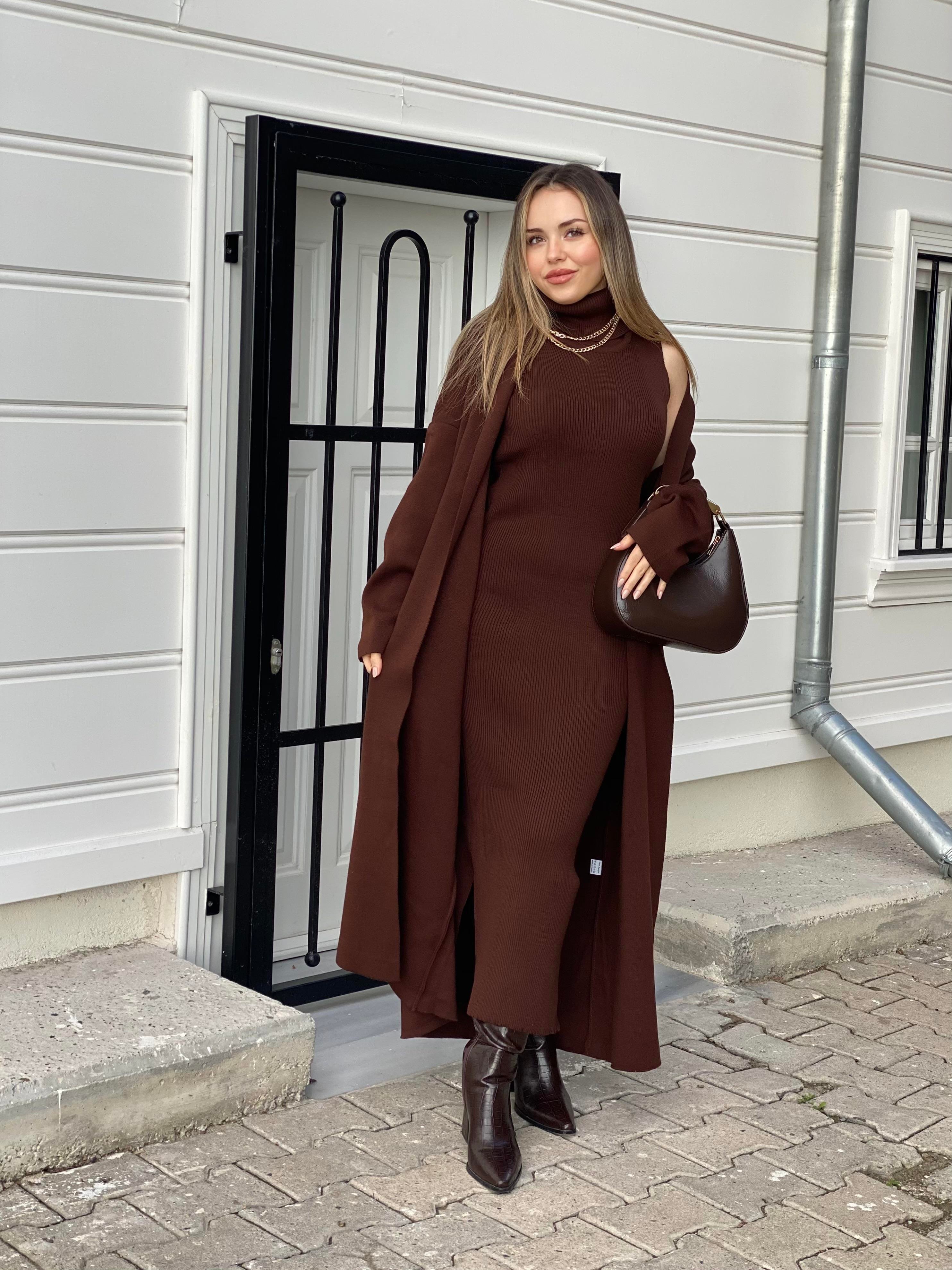 Kahve Elbise Hırka Triko Takım