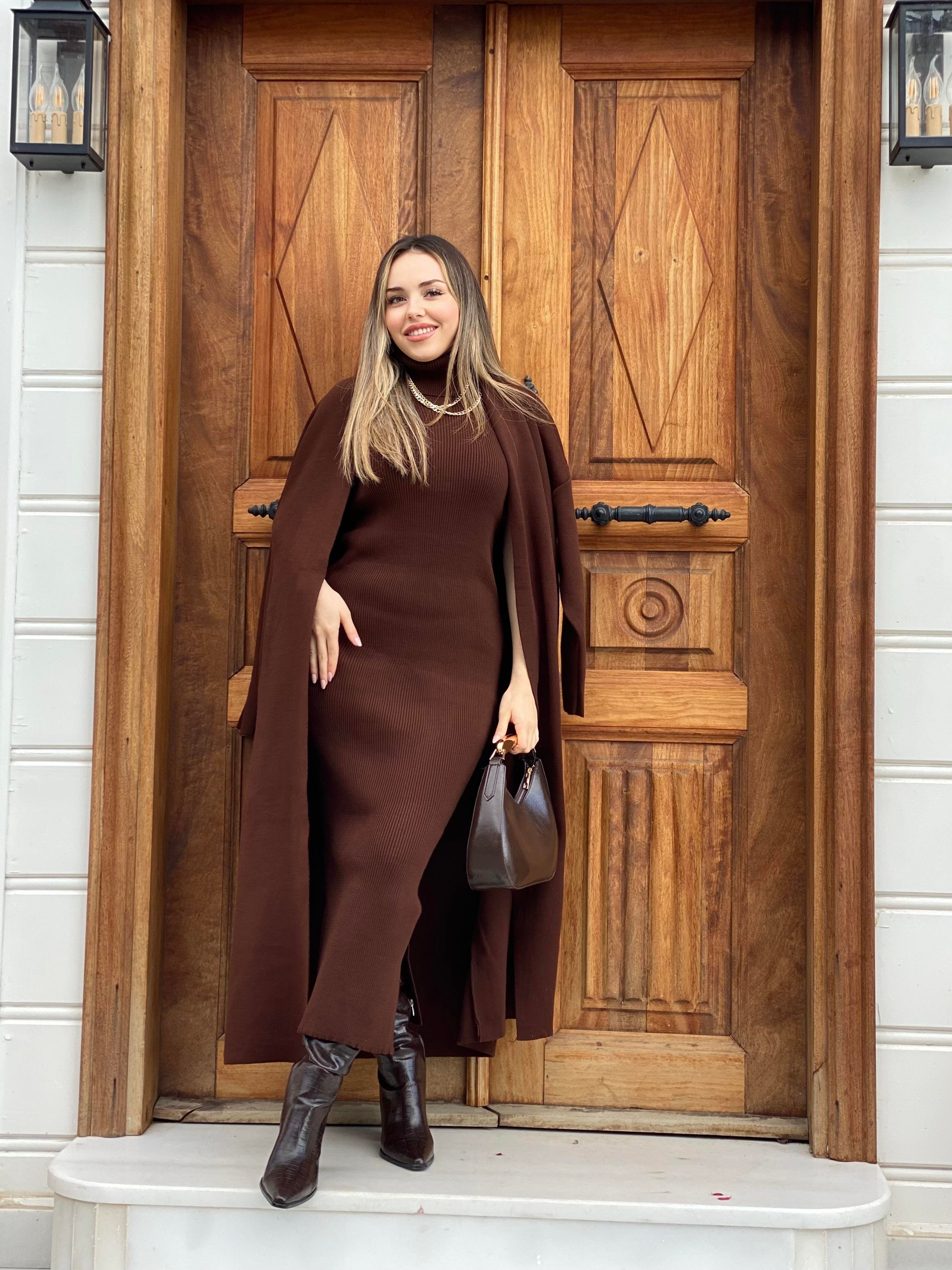 Kahve Elbise Hırka Triko Takım