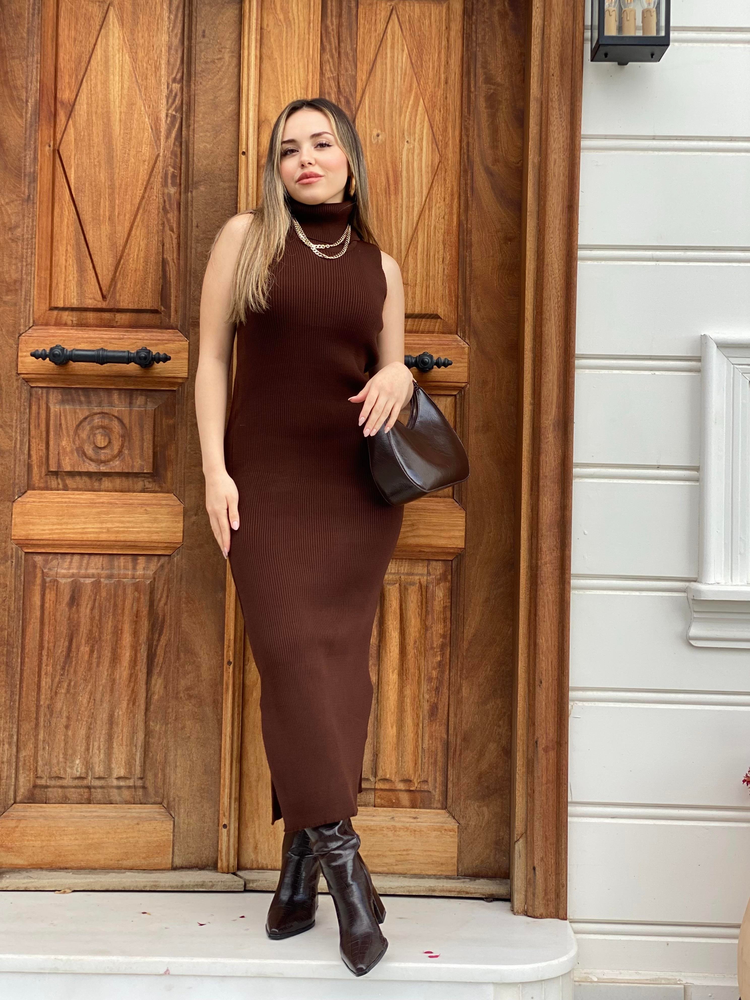 Kahve Elbise Hırka Triko Takım