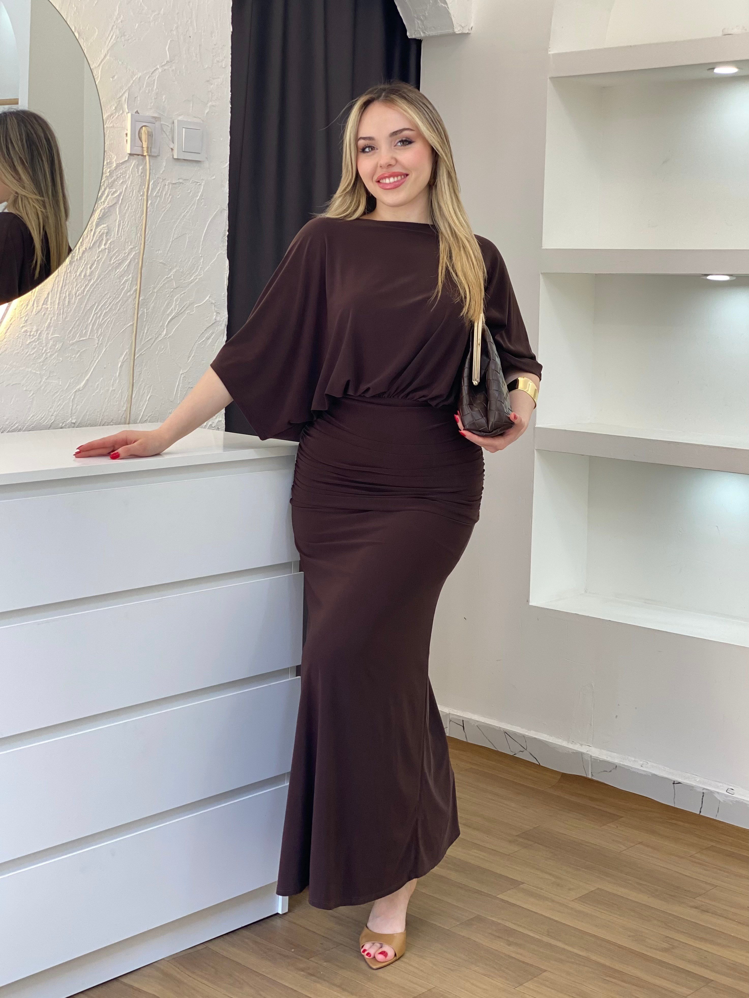 Kahve Fit Gösteren Drapeli Elbise