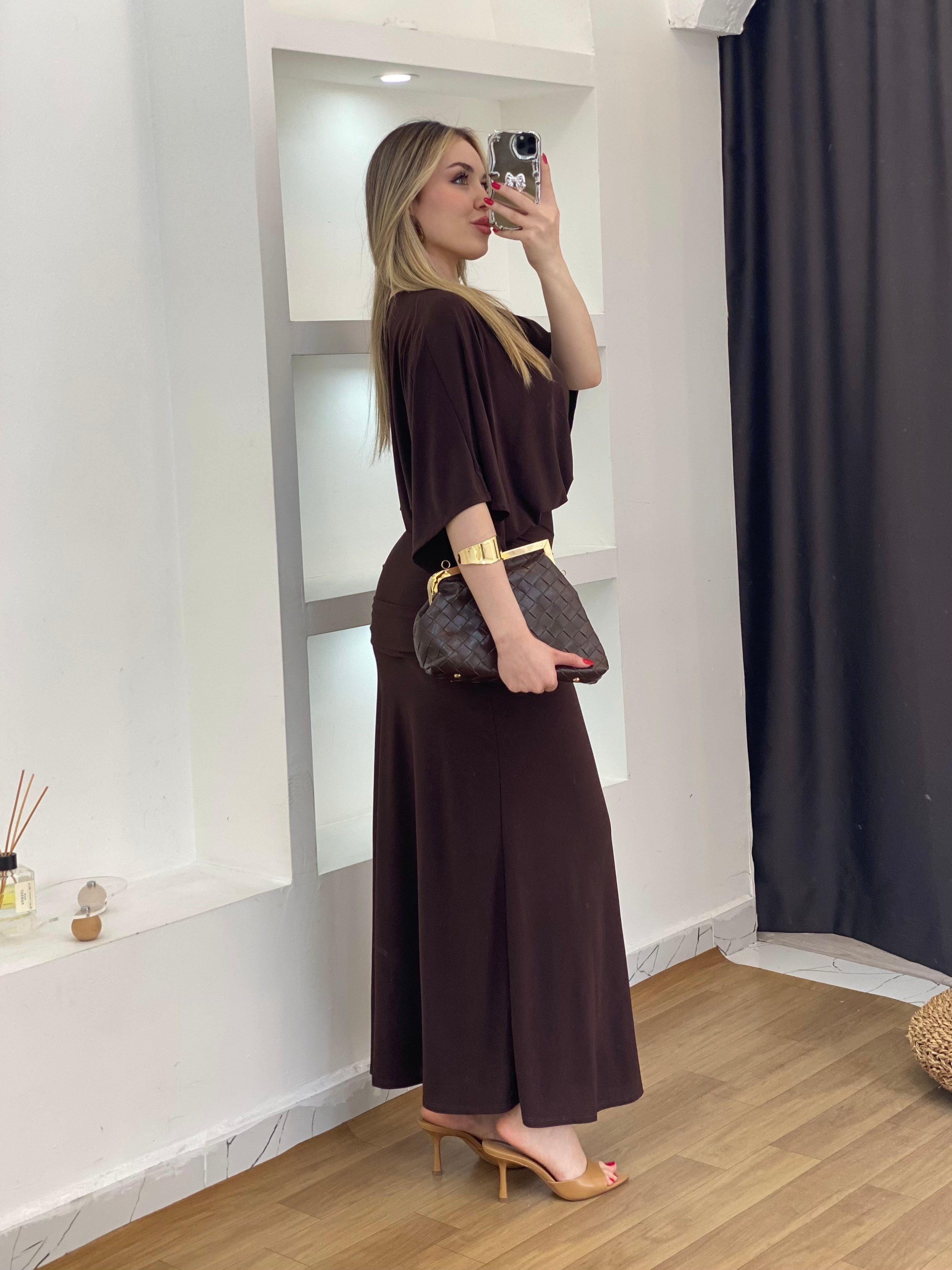 Kahve Fit Gösteren Drapeli Elbise