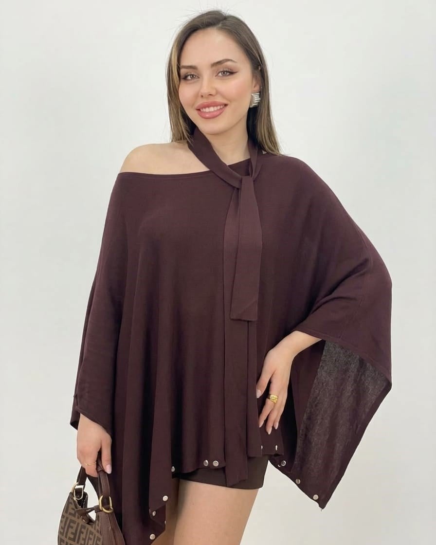 Kahve Fularlı Gümüş Droplu Triko Panço