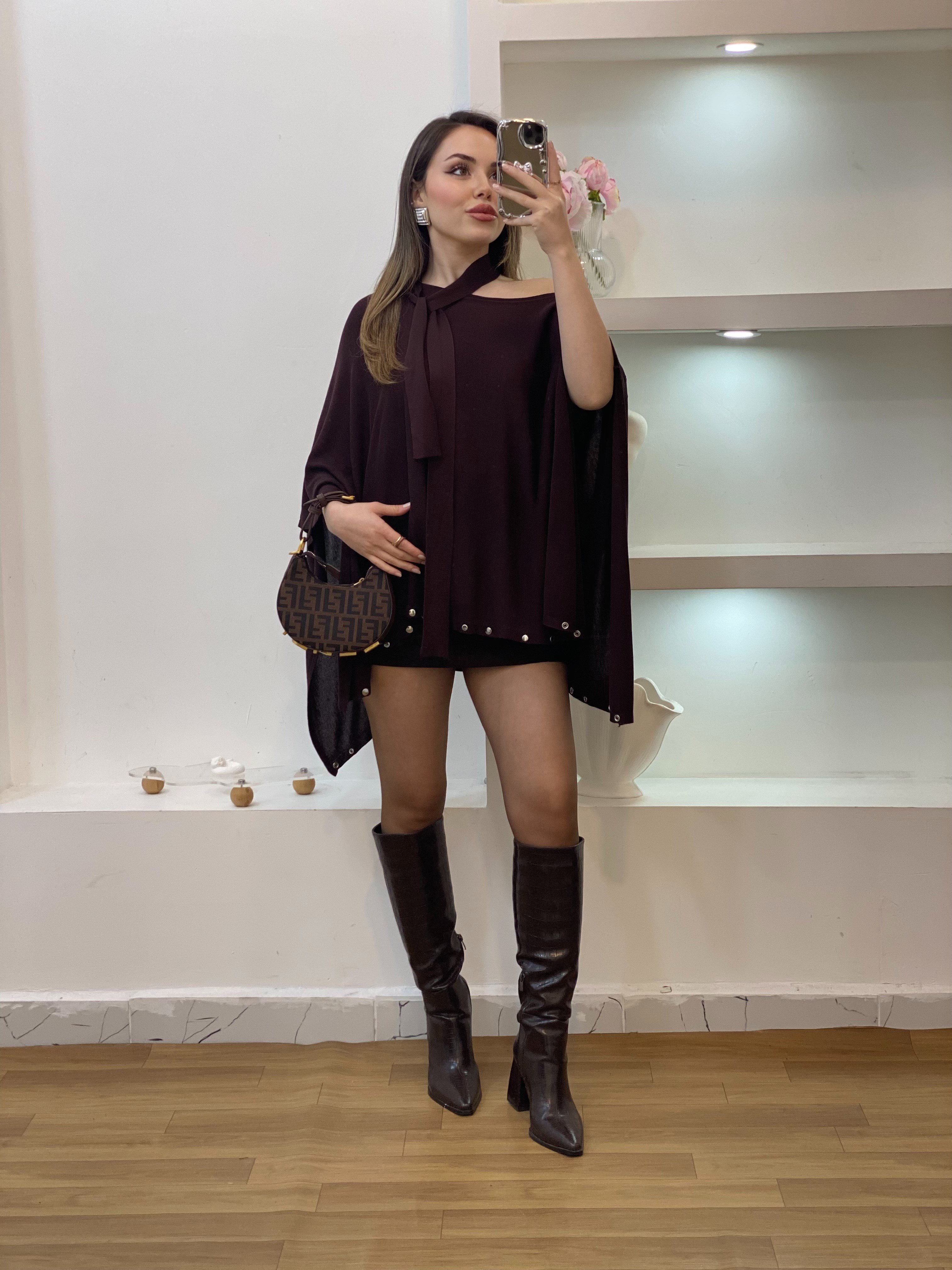 Kahve Fularlı Gümüş Droplu Triko Panço