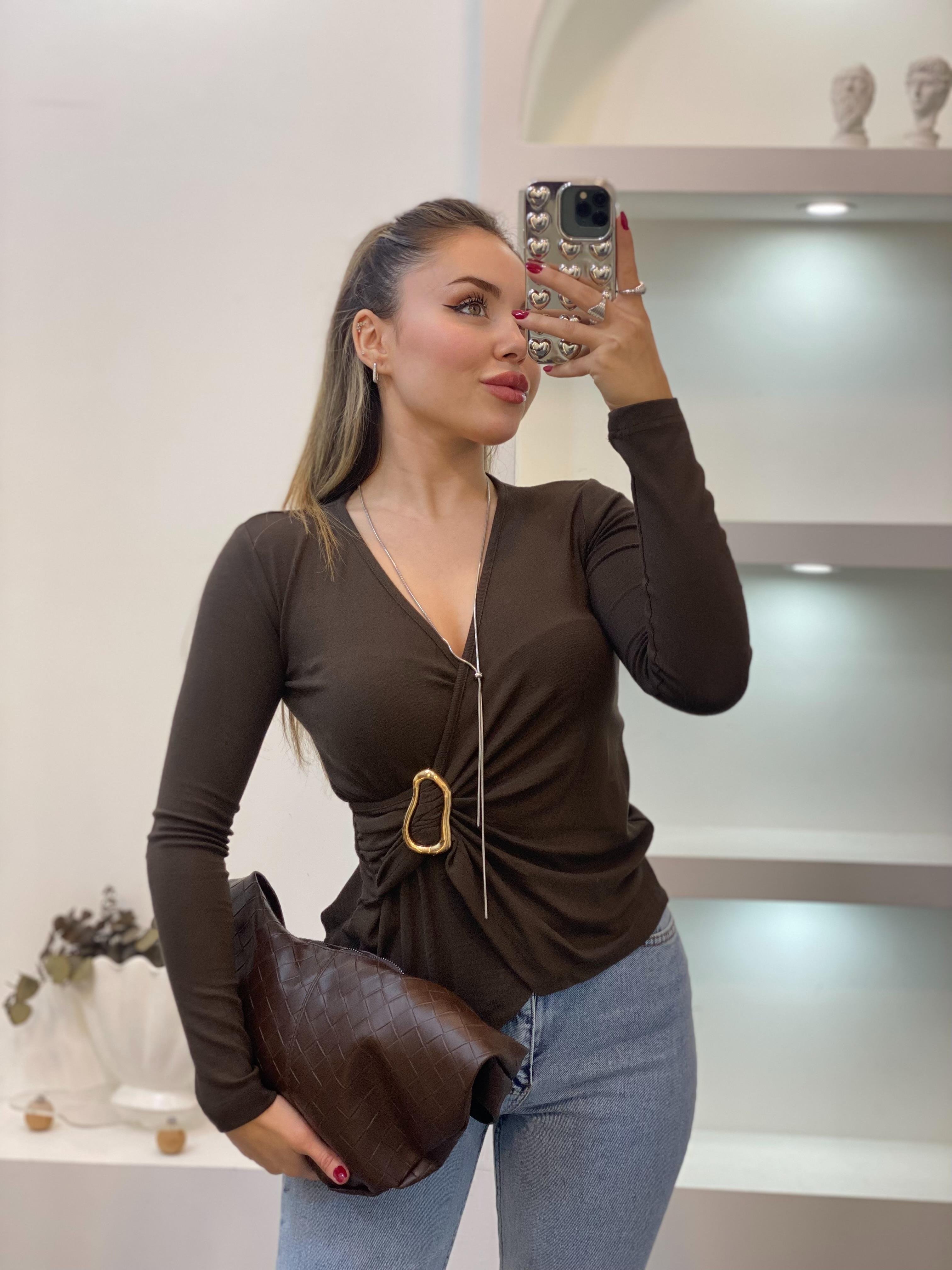 Kahve Gold Broşlu Bluz