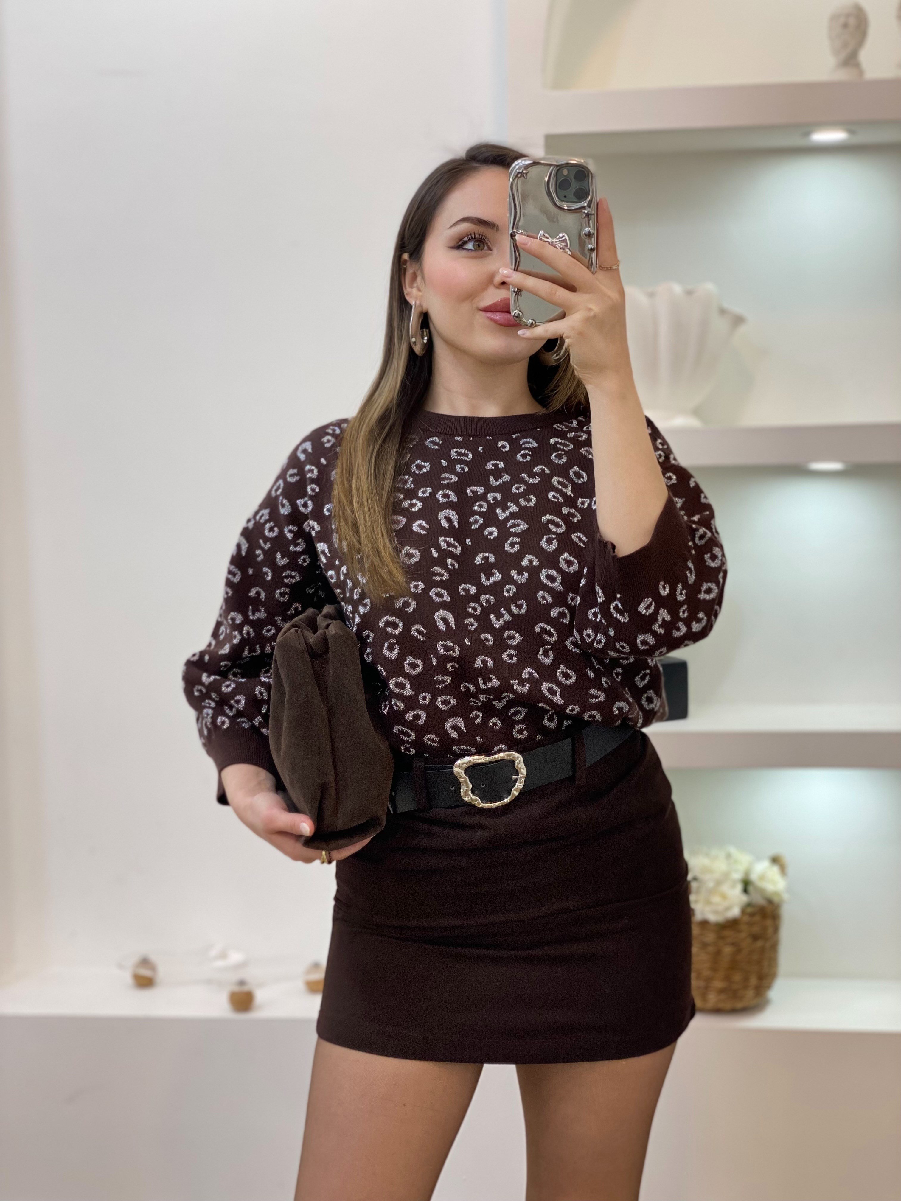 Kahve Gümüş Sim İplik Dokulu Triko
