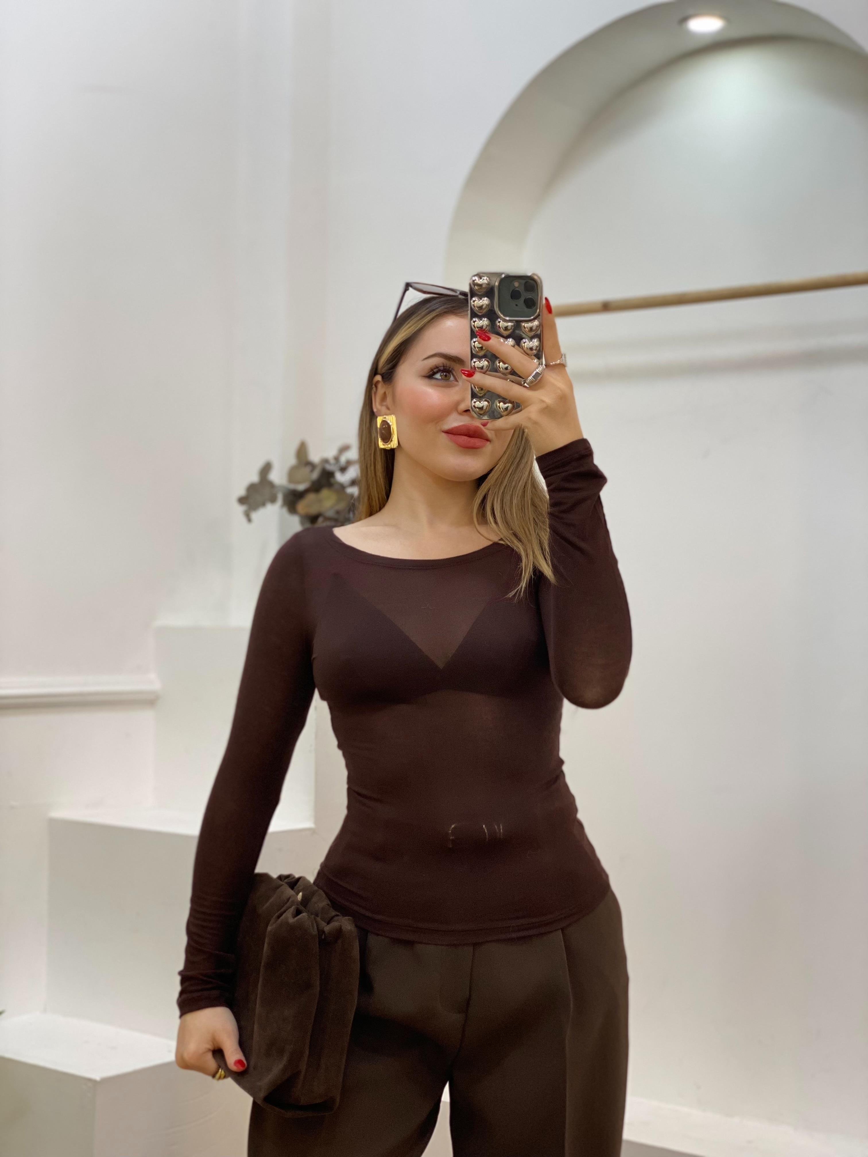 Kahve Kayık Yaka Transparan Bluz