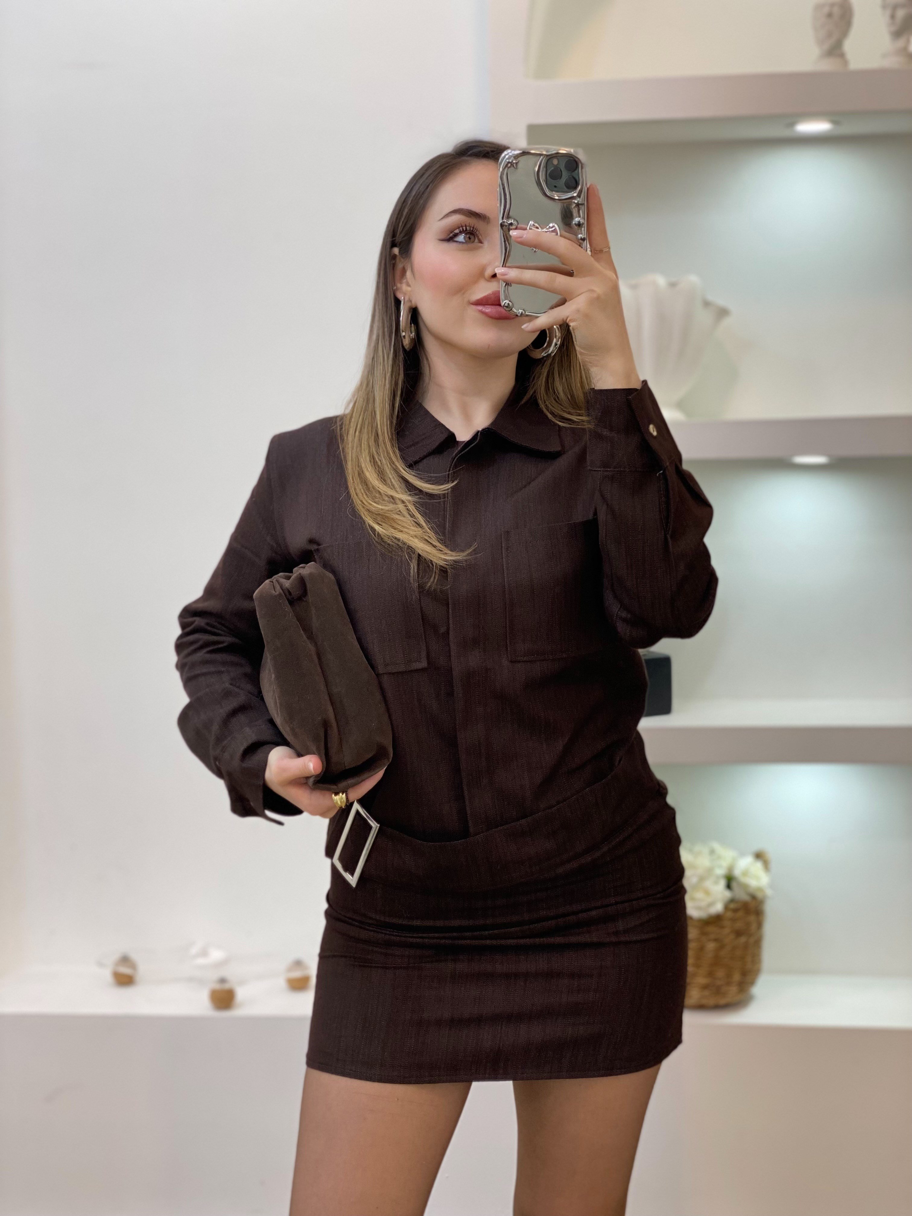 Kahve Kemer Detaylı Kot Elbise