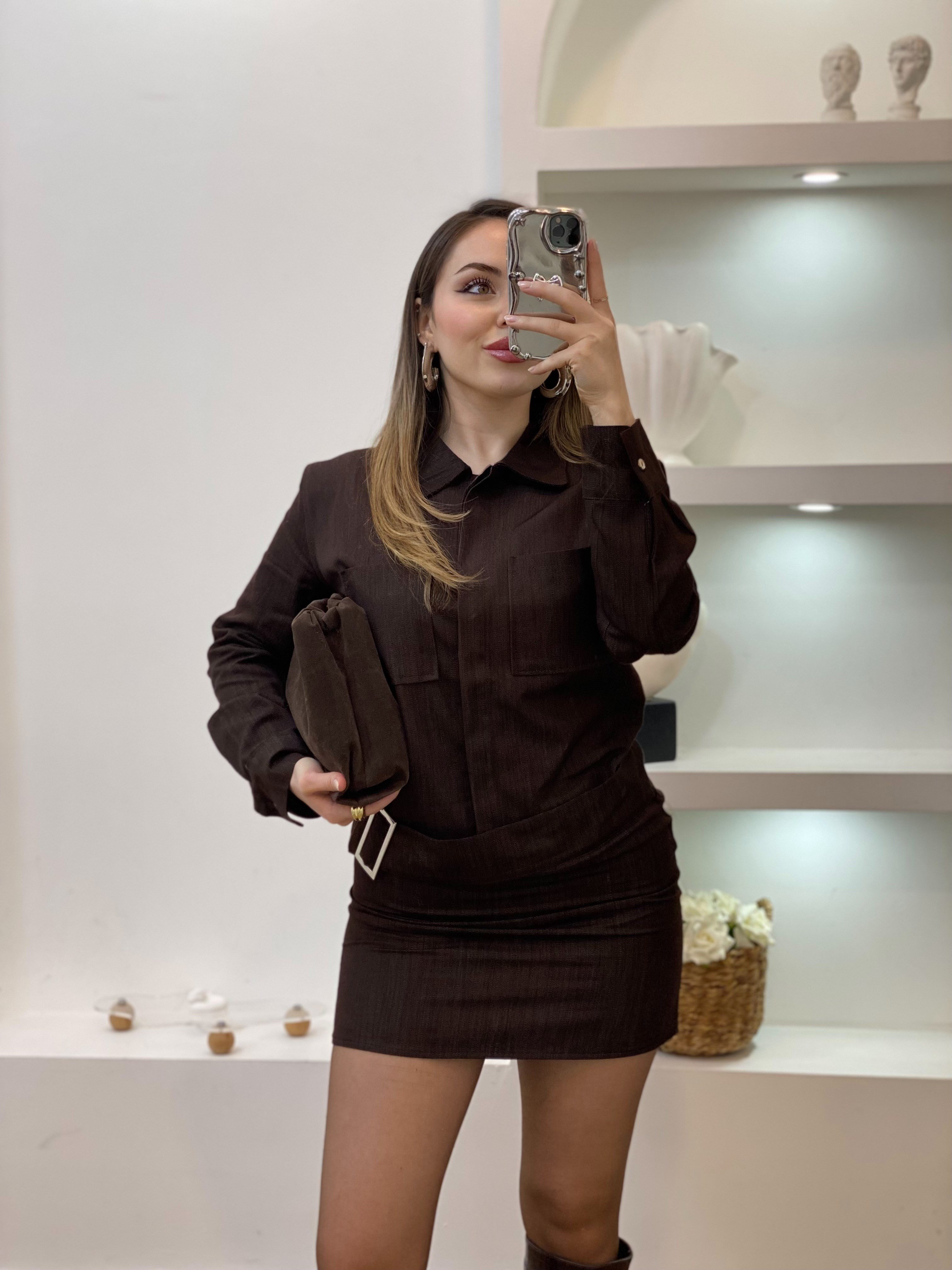 Kahve Kemer Detaylı Kot Elbise