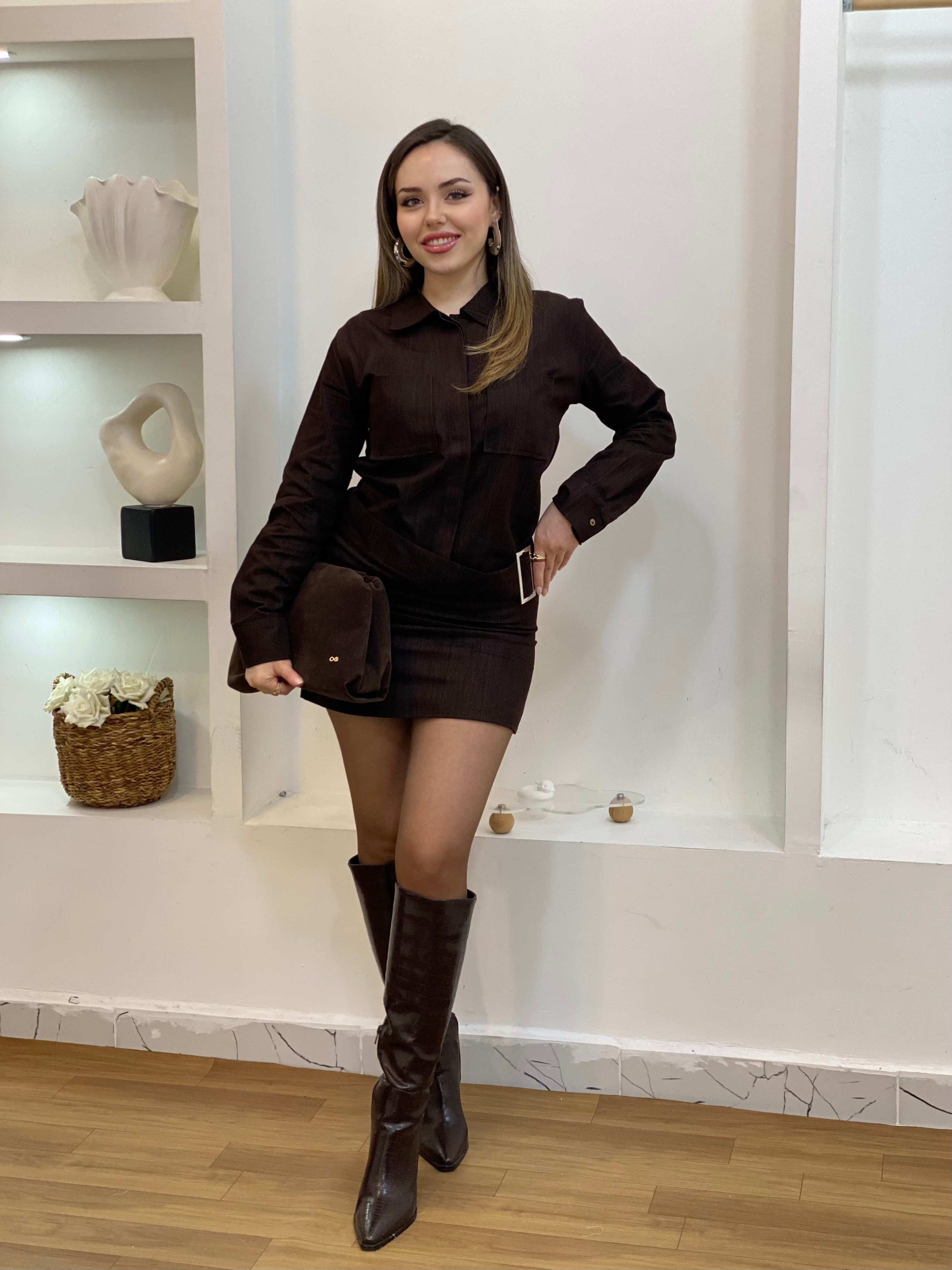 Kahve Kemer Detaylı Kot Elbise