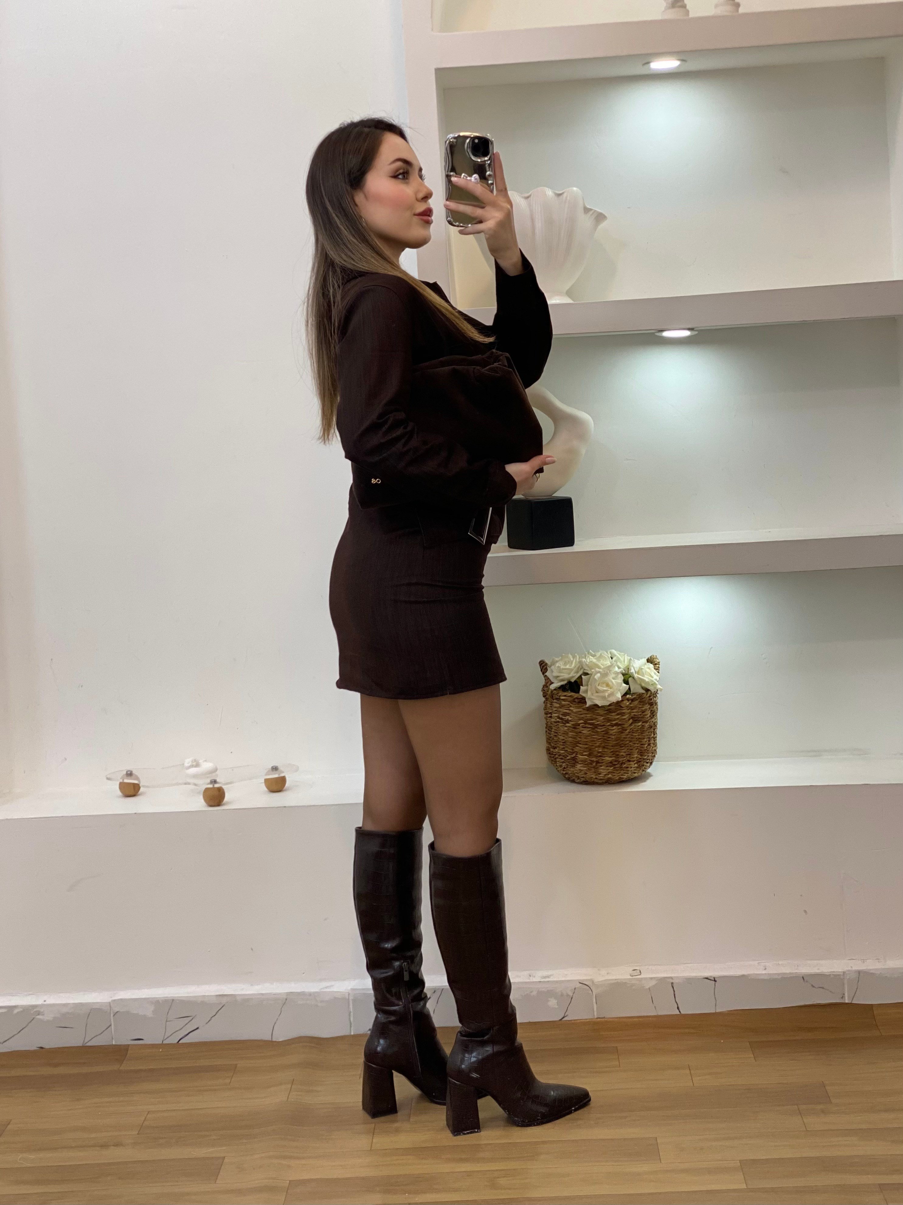 Kahve Kemer Detaylı Kot Elbise