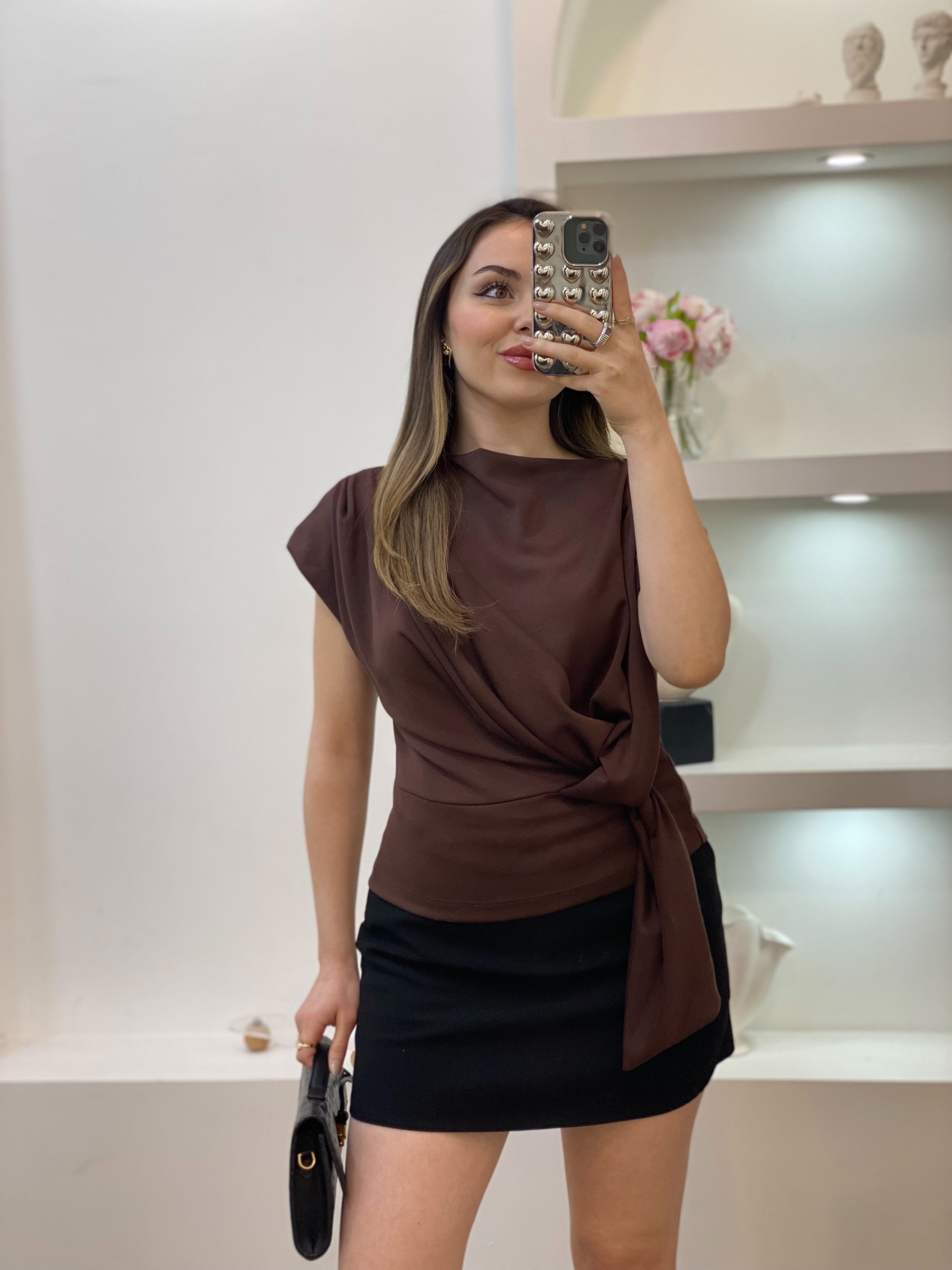 Kahve Modal Kumaş Düğümlü Model Bluz