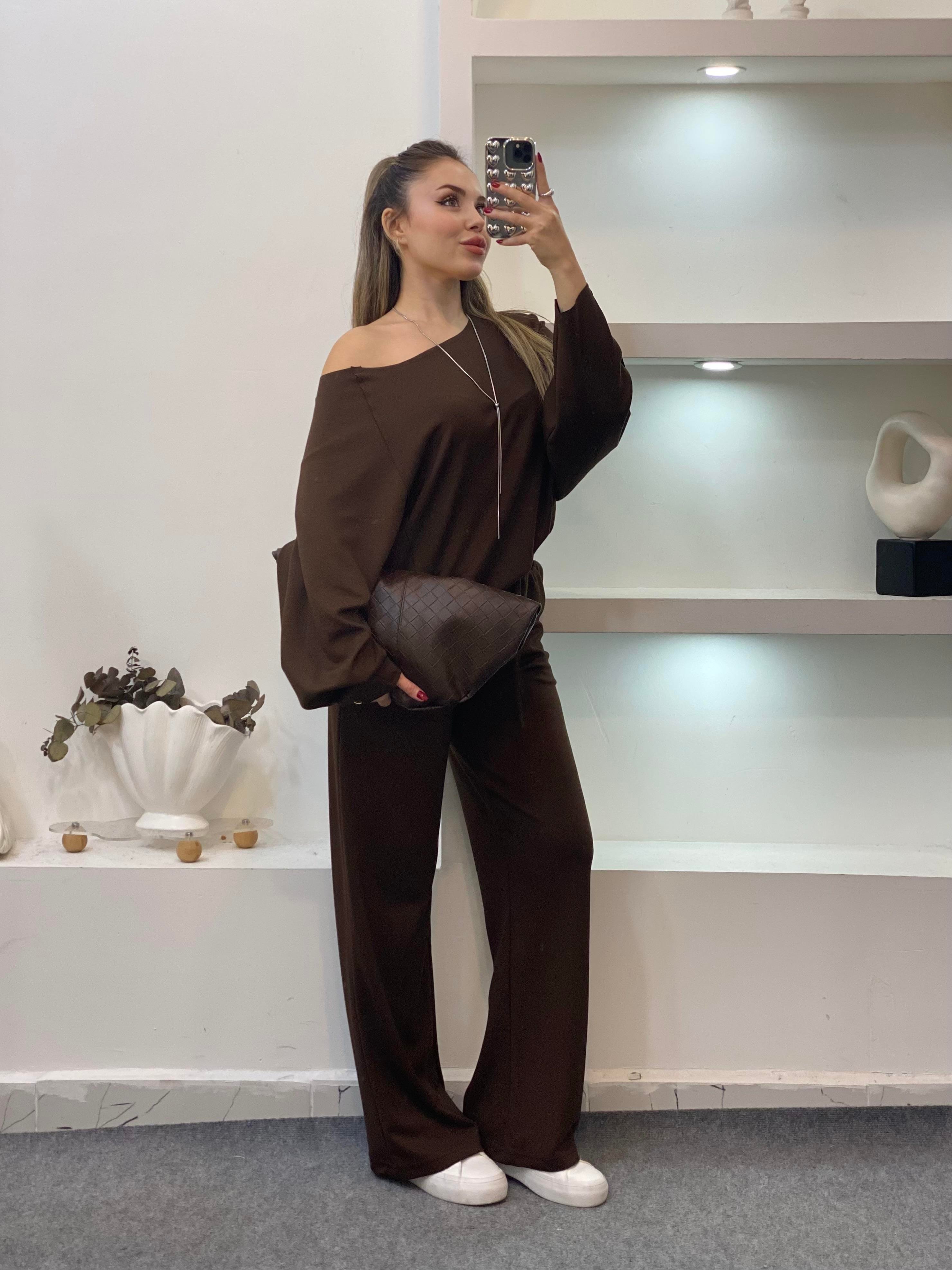 Kahve Modal Kumaş Eşofman Takımı 