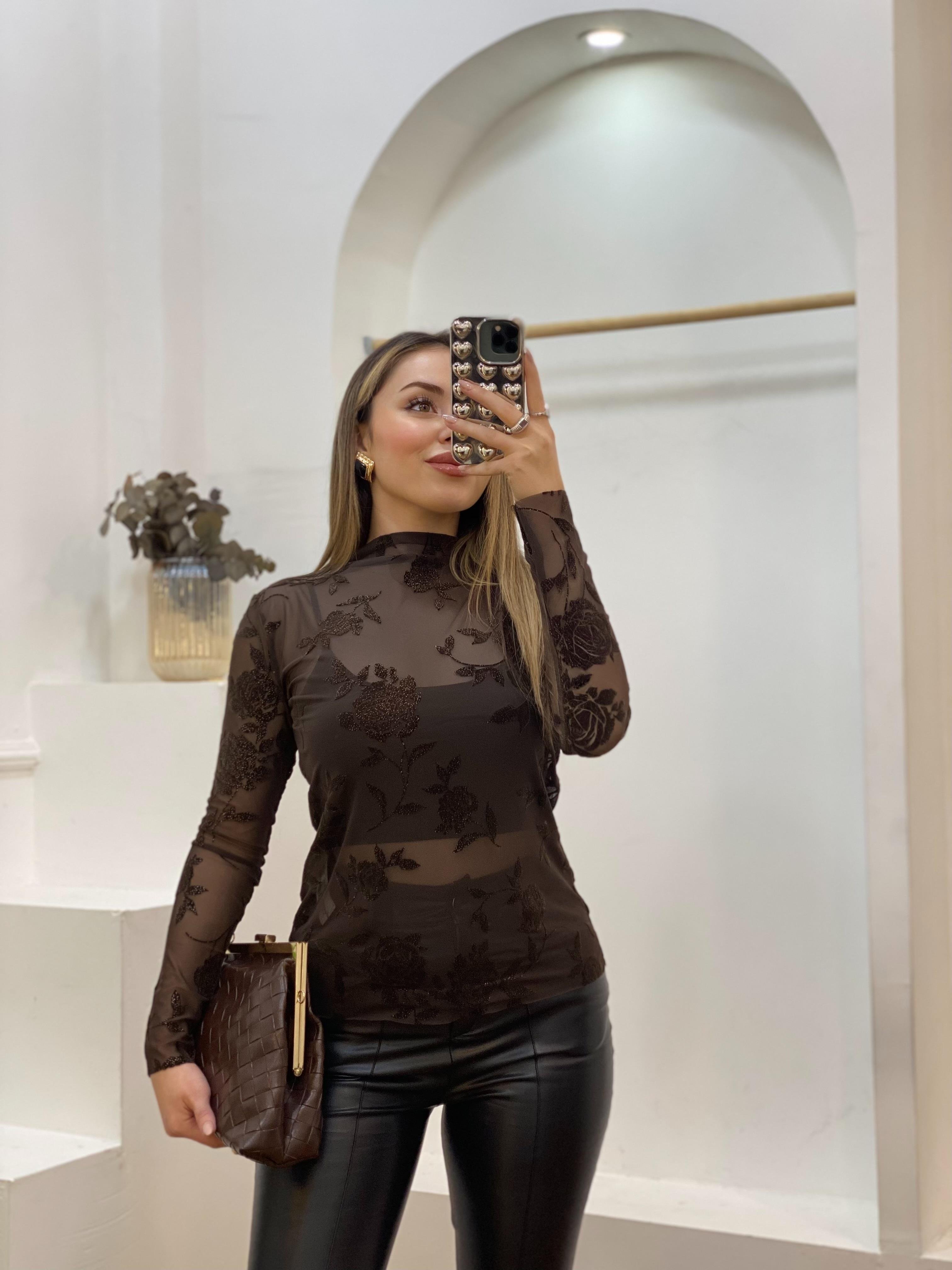 Kahve Nakışlı Transparan Bluz