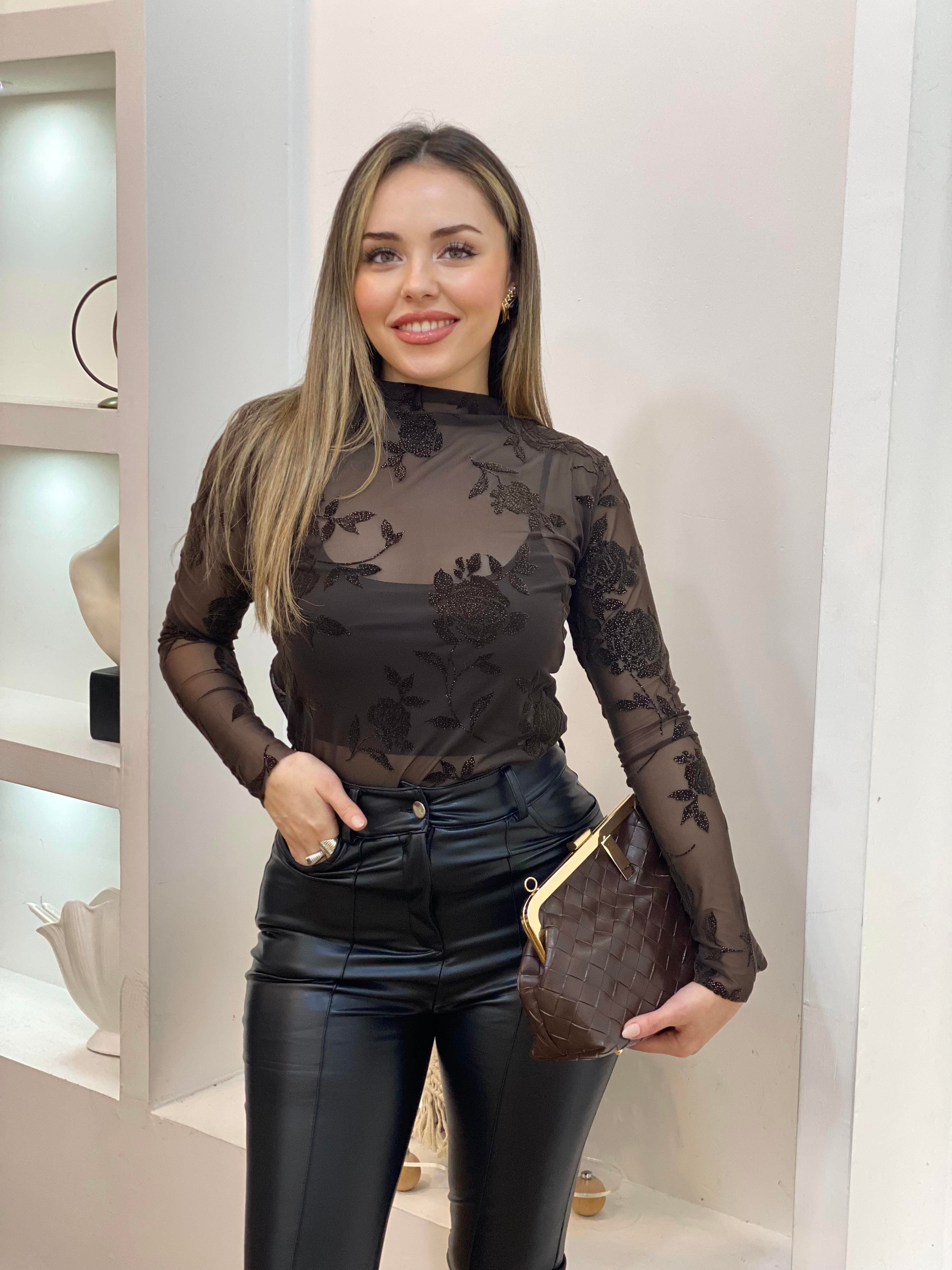 Kahve Nakışlı Transparan Bluz