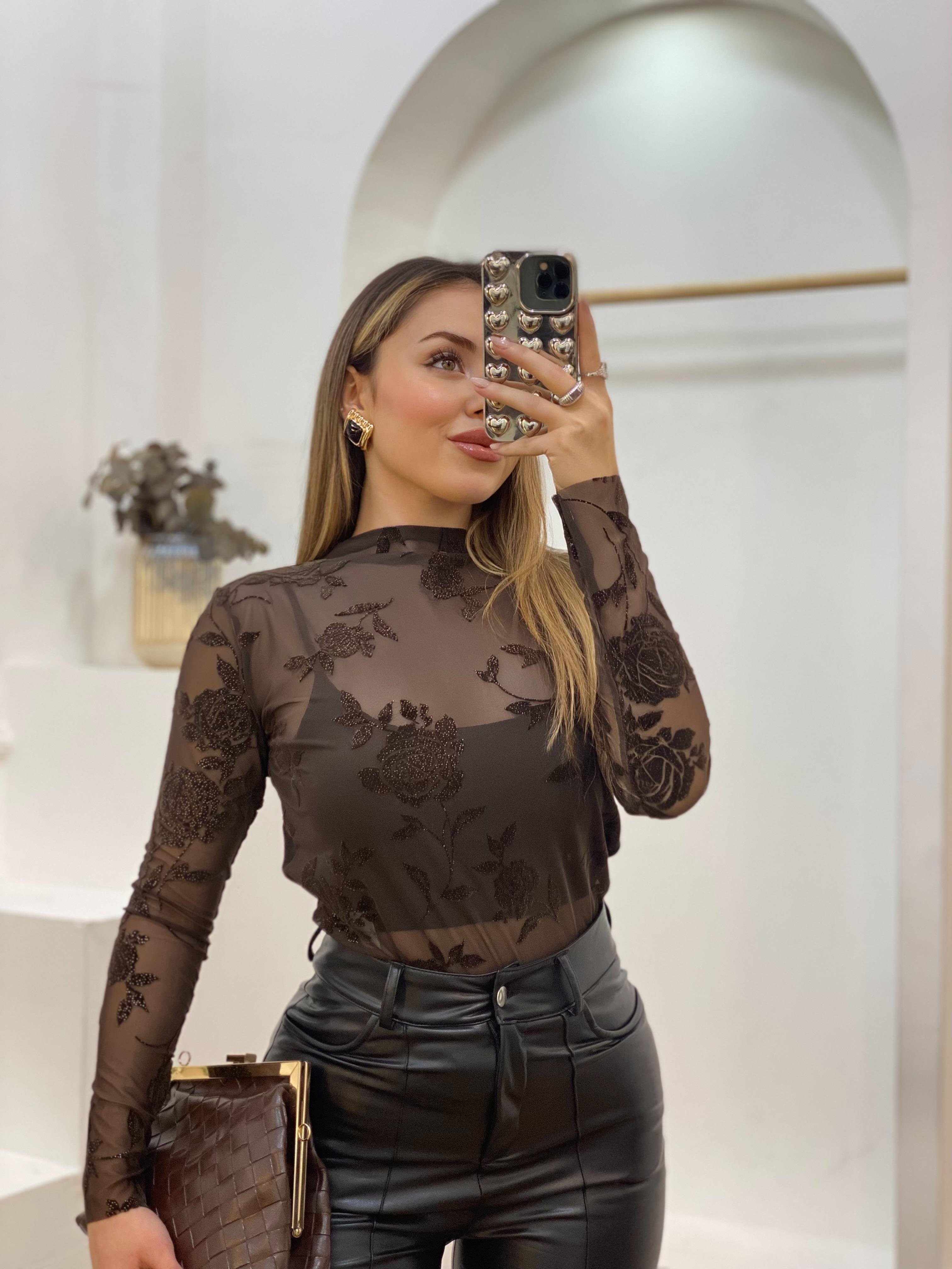 Kahve Nakışlı Transparan Bluz
