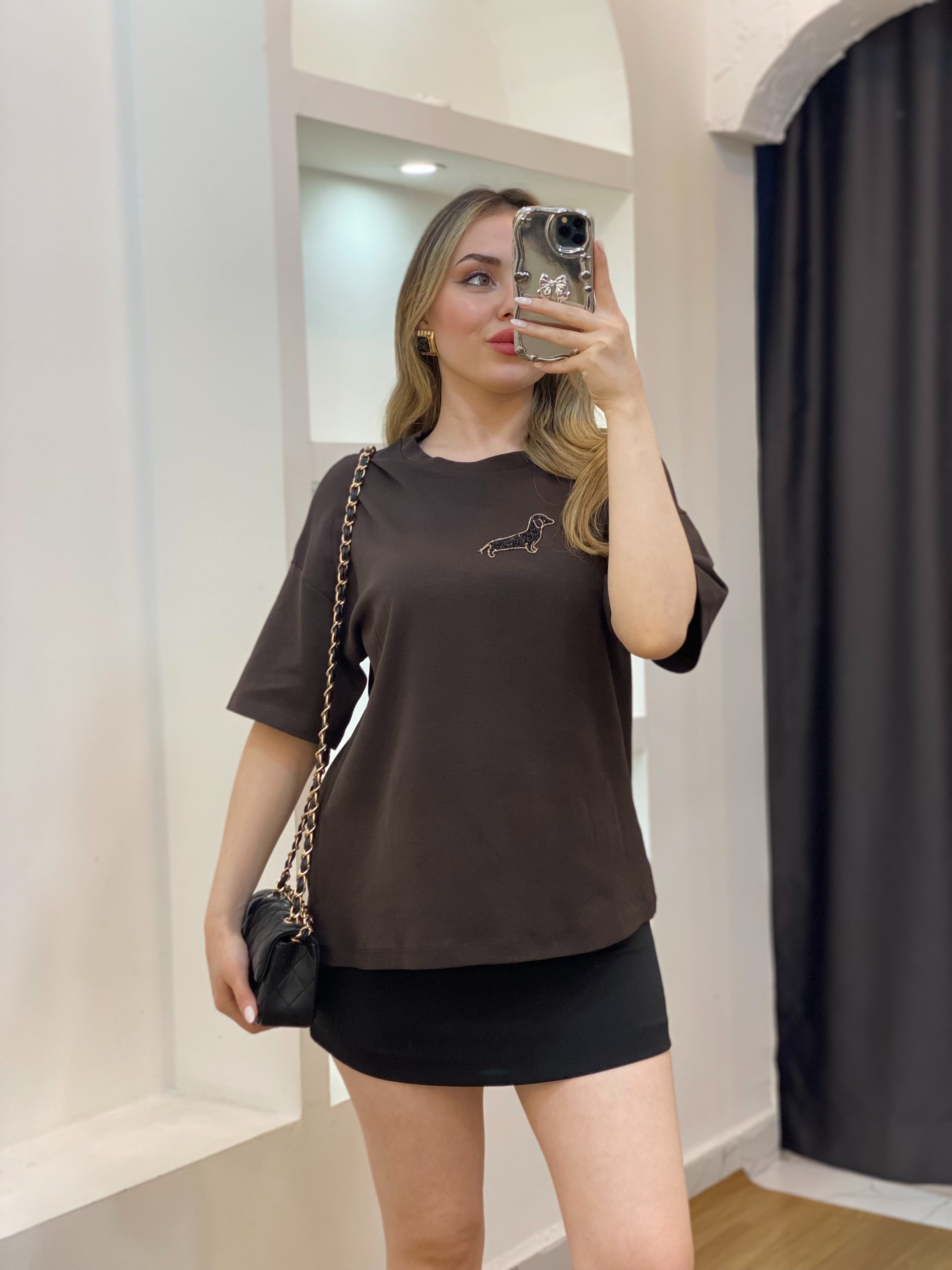 Kahve Önü Figürlü  Pamuklu Tshirt 
