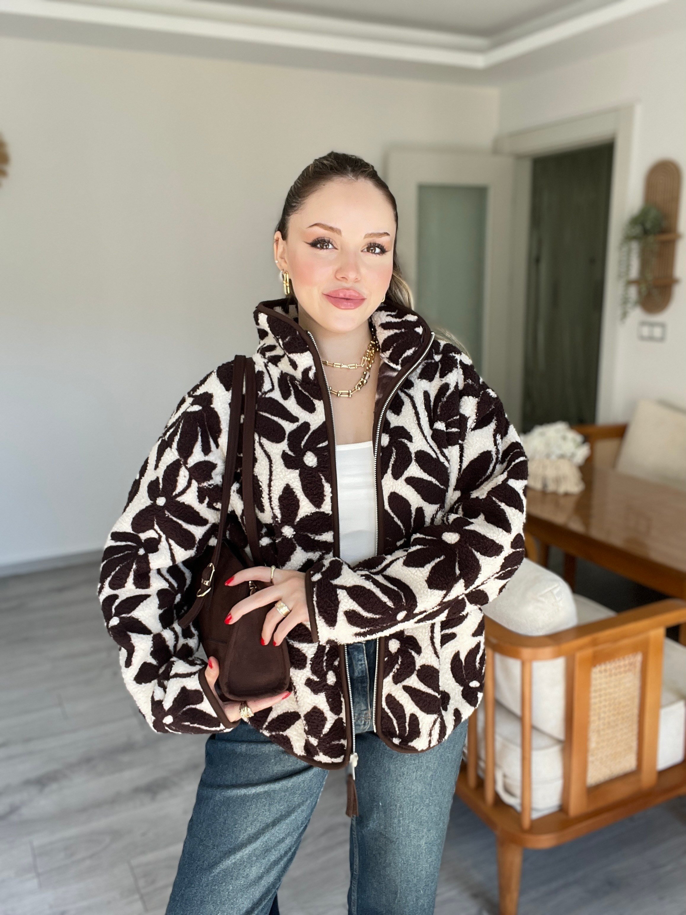 Kahve Papatya Desen Polar Fermuarlı Hırka