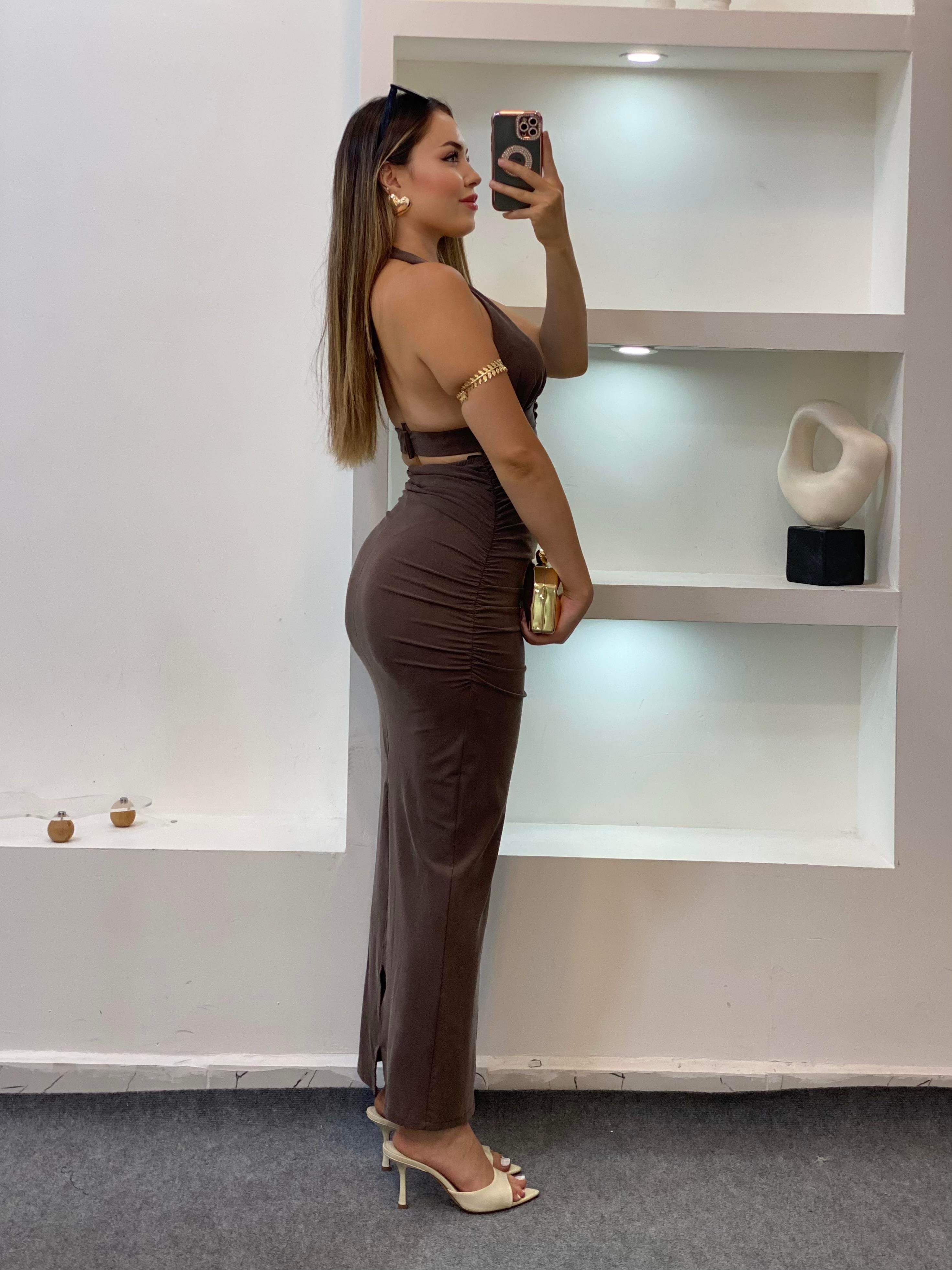 Kahve Premium Kalite Sırt Dekolteli Elbise