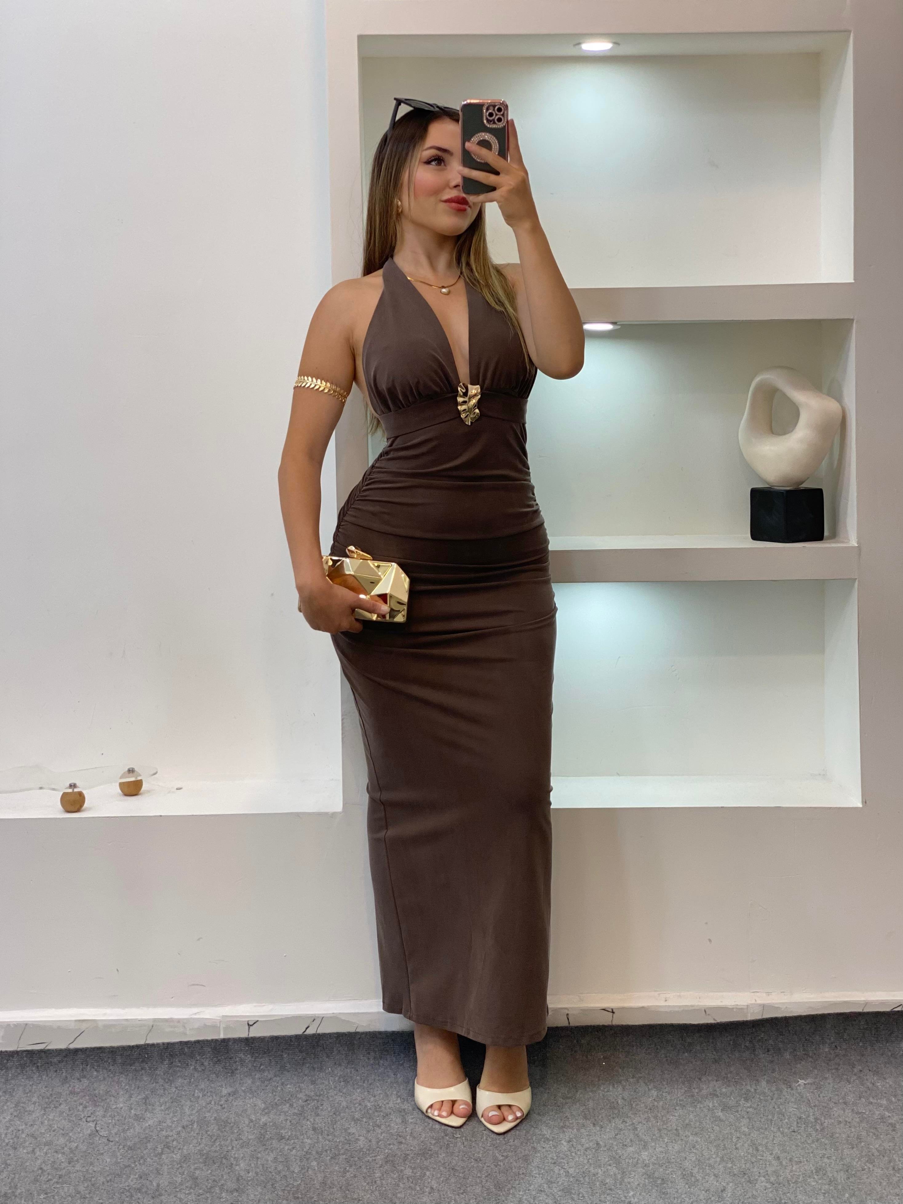 Kahve Premium Kalite Sırt Dekolteli Elbise