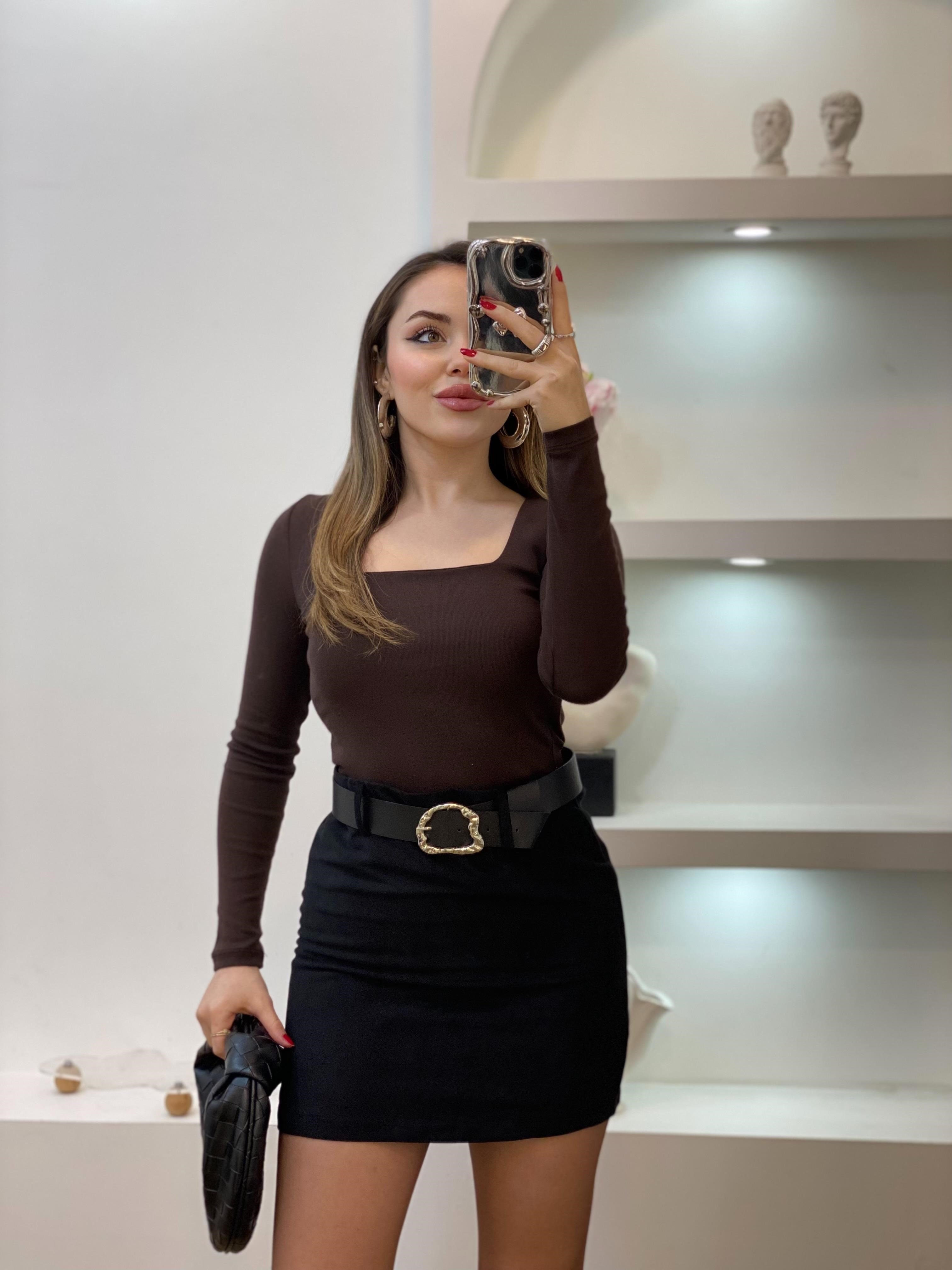 Kahve Sandık Yaka Basic Bluz