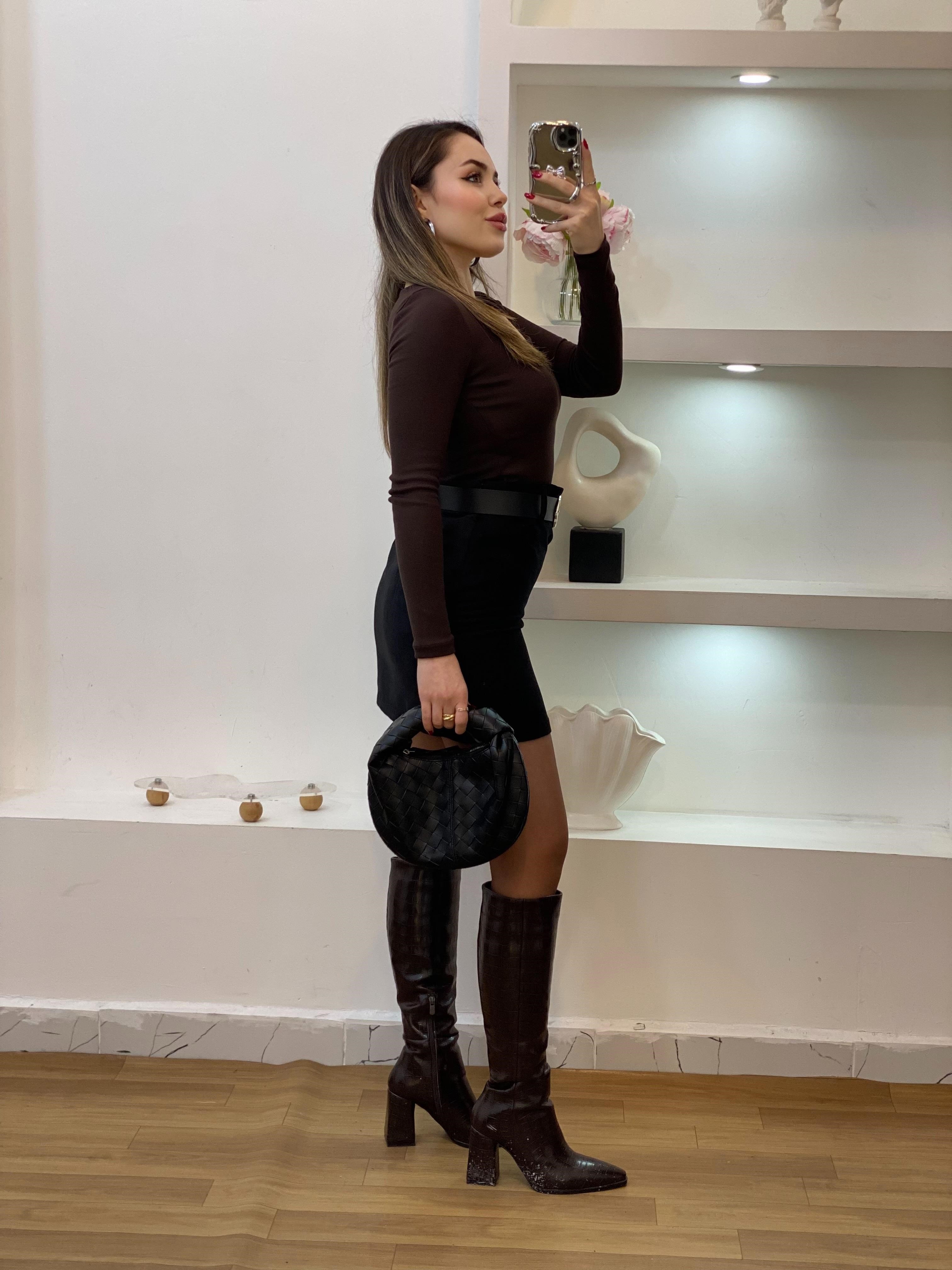 Kahve Sandık Yaka Basic Bluz