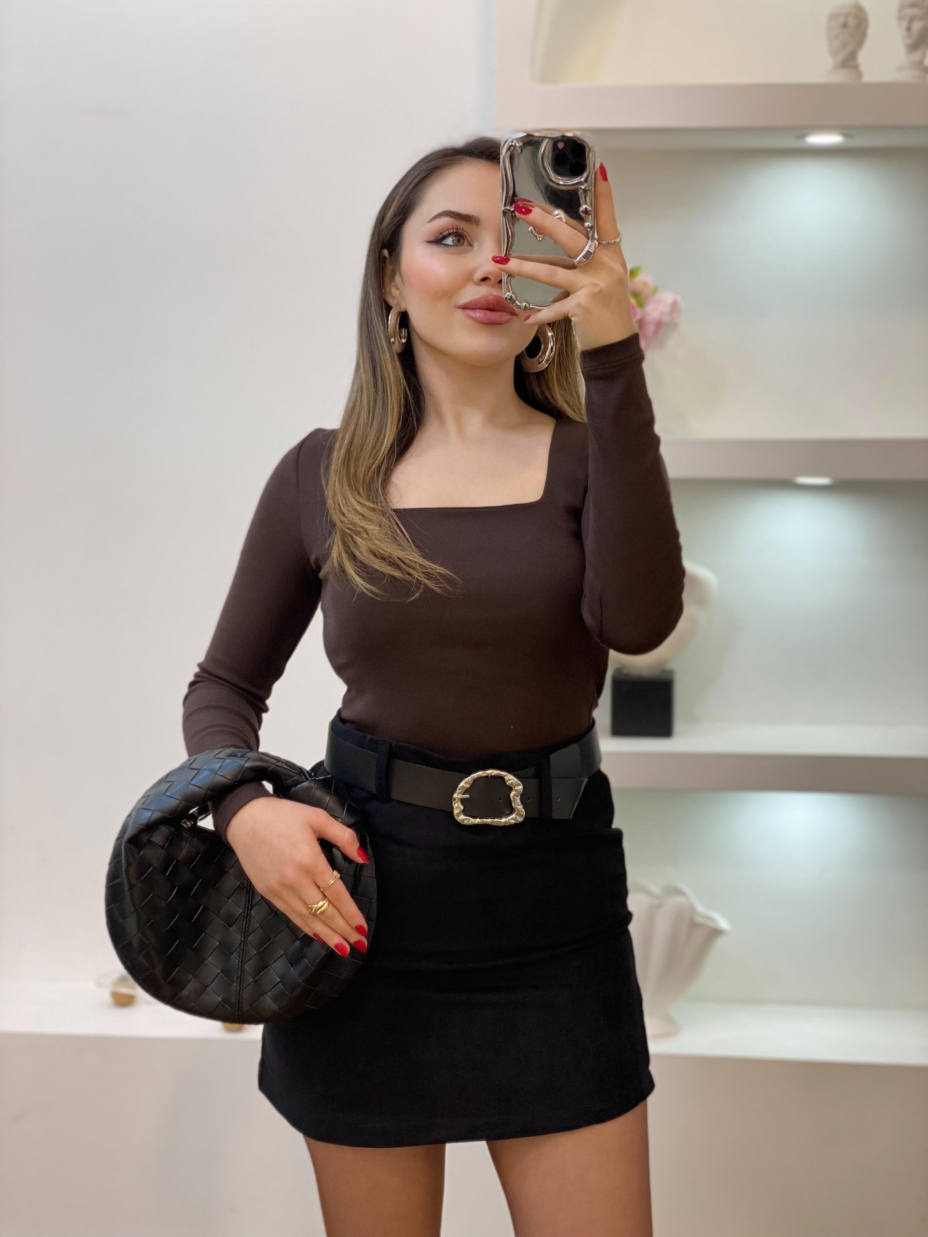 Kahve Sandık Yaka Basic Bluz