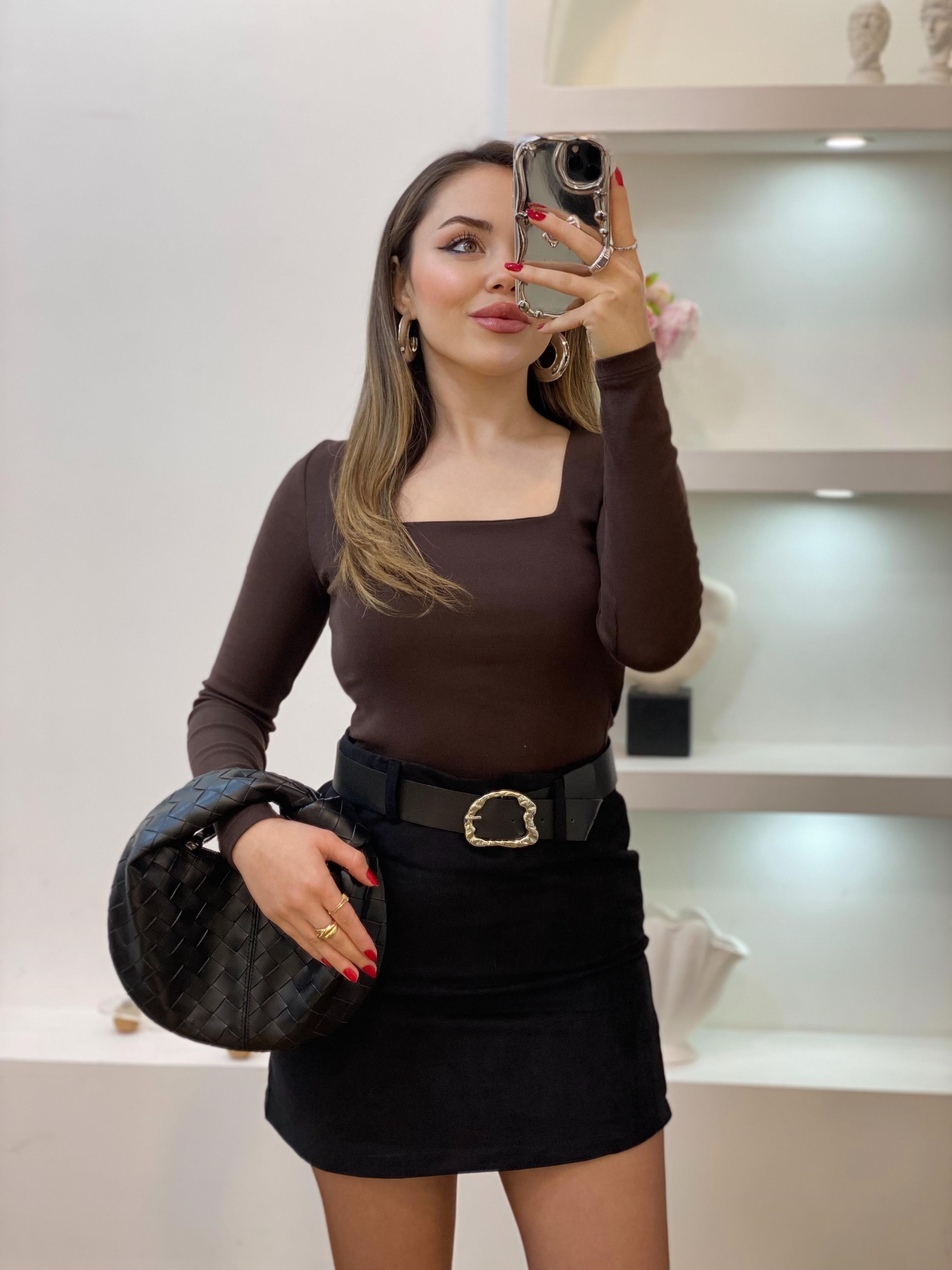 Kahve Sandık Yaka Basic Bluz