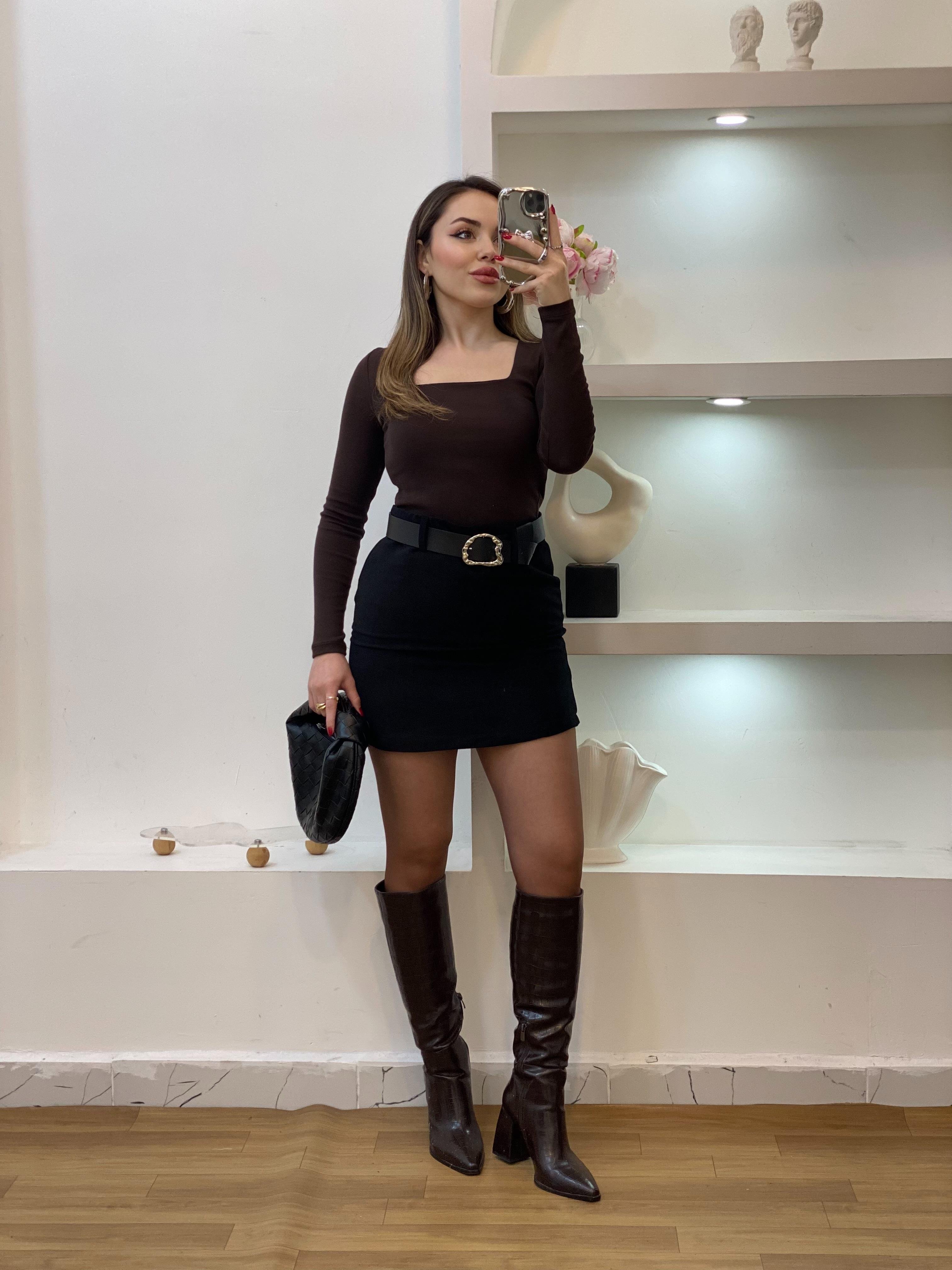 Kahve Sandık Yaka Basic Bluz